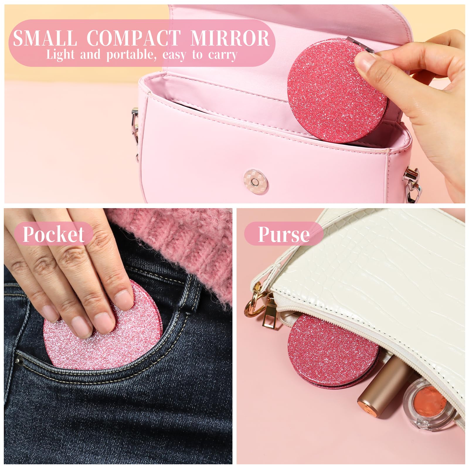 Dimeho Cosmetic Compact Mirror Folding Glitter Round Mini Makeup Mirror Portable Bling Magnifying Vanity Mirror Cute Travel Double Sided Mirror for Women Purse Handbag Wallet Home Office