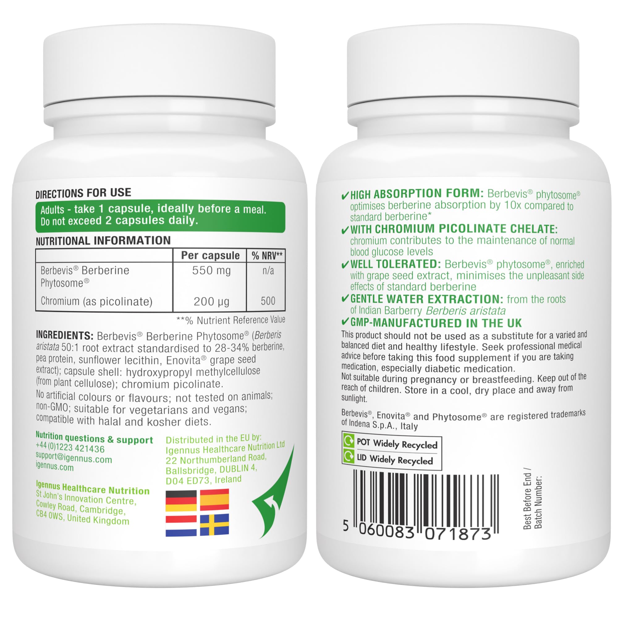 Igennus Berberina 550 mg Fitosomada, Acción Dual con Picolinato de Cromo, Alta Absorción, Control de la Glucosa, Extracto Estandarizado, Ingredientes Puros, 60 Cápsulas Veganas