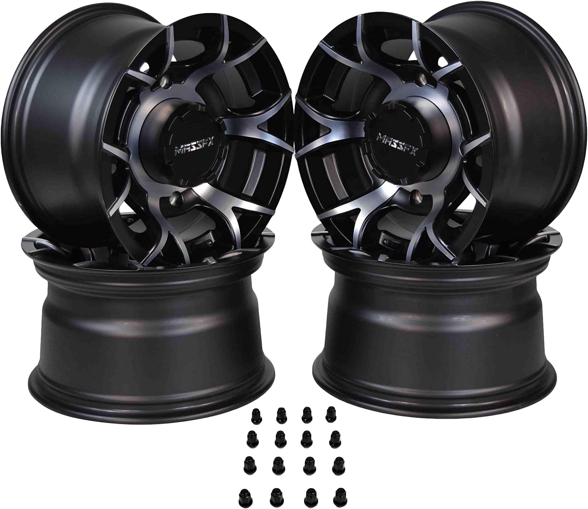 12 inch MASSFX Pit Viper 12x7 4/156 ATV UTV Rims Machined Black Finish Polaris RZR - 4 Pack Wheels with Lug Nuts