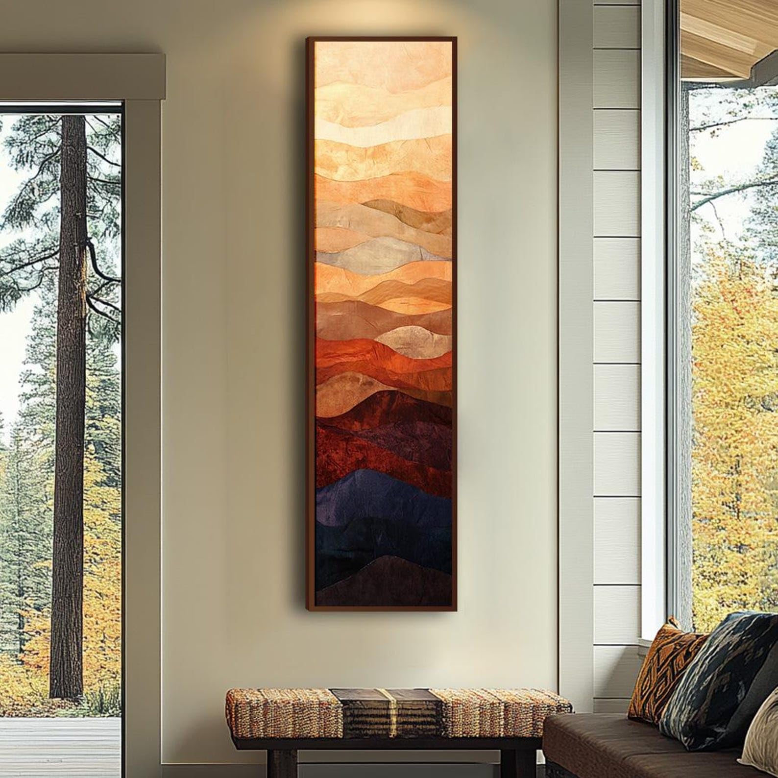 XBTYKPB Long Horizontal Sunrise Wall Art, Textured Mountain Art, Narrow Wall Art, Tall Thin Canvas wall Art, Vintage Painting(65x195cm/Frameless)