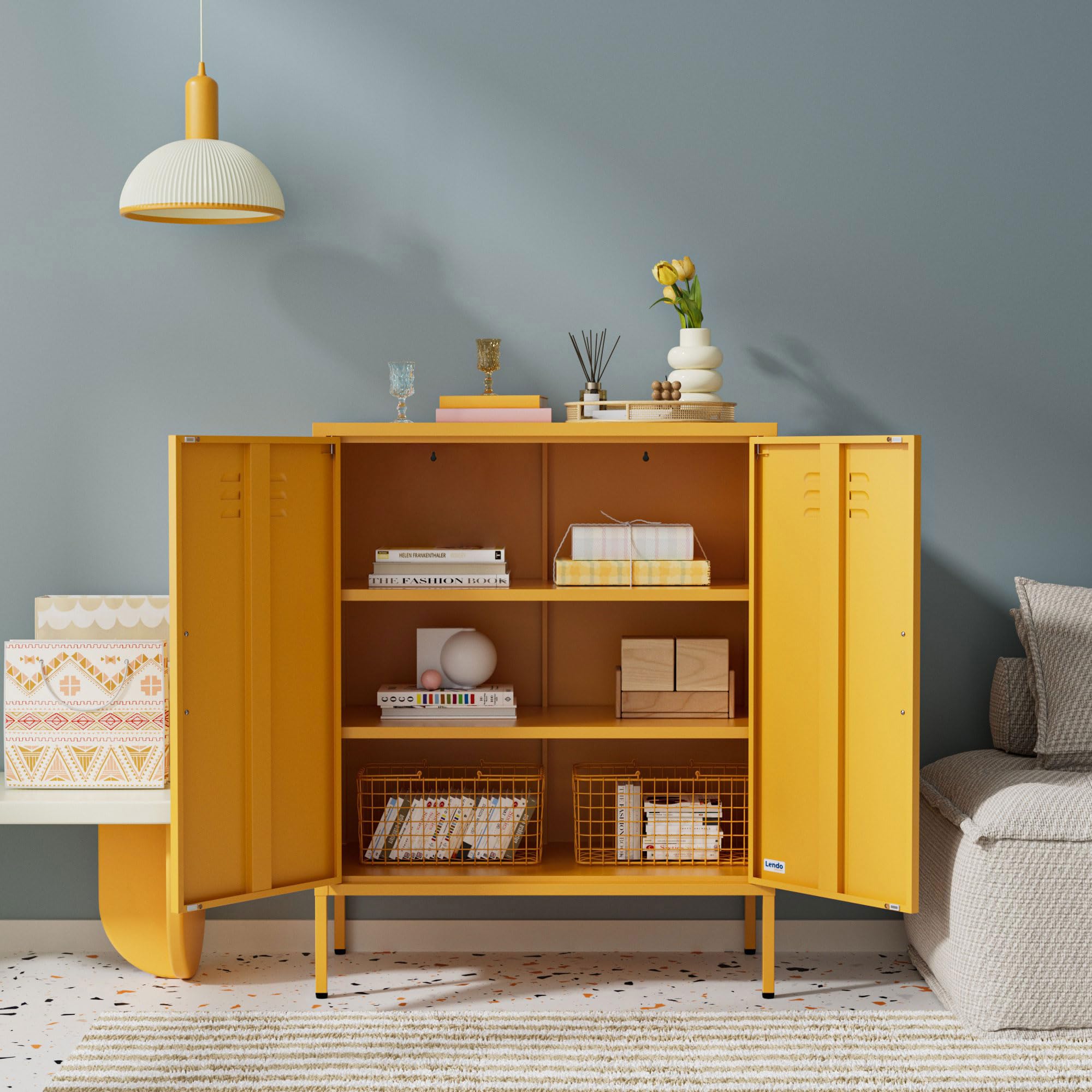 Aparador Metálico – Mueble de Almacenaje Industrial para Salón – 80x40x100 cm – Cómoda de Acero con Recubrimiento en Polvo (Amarillo)