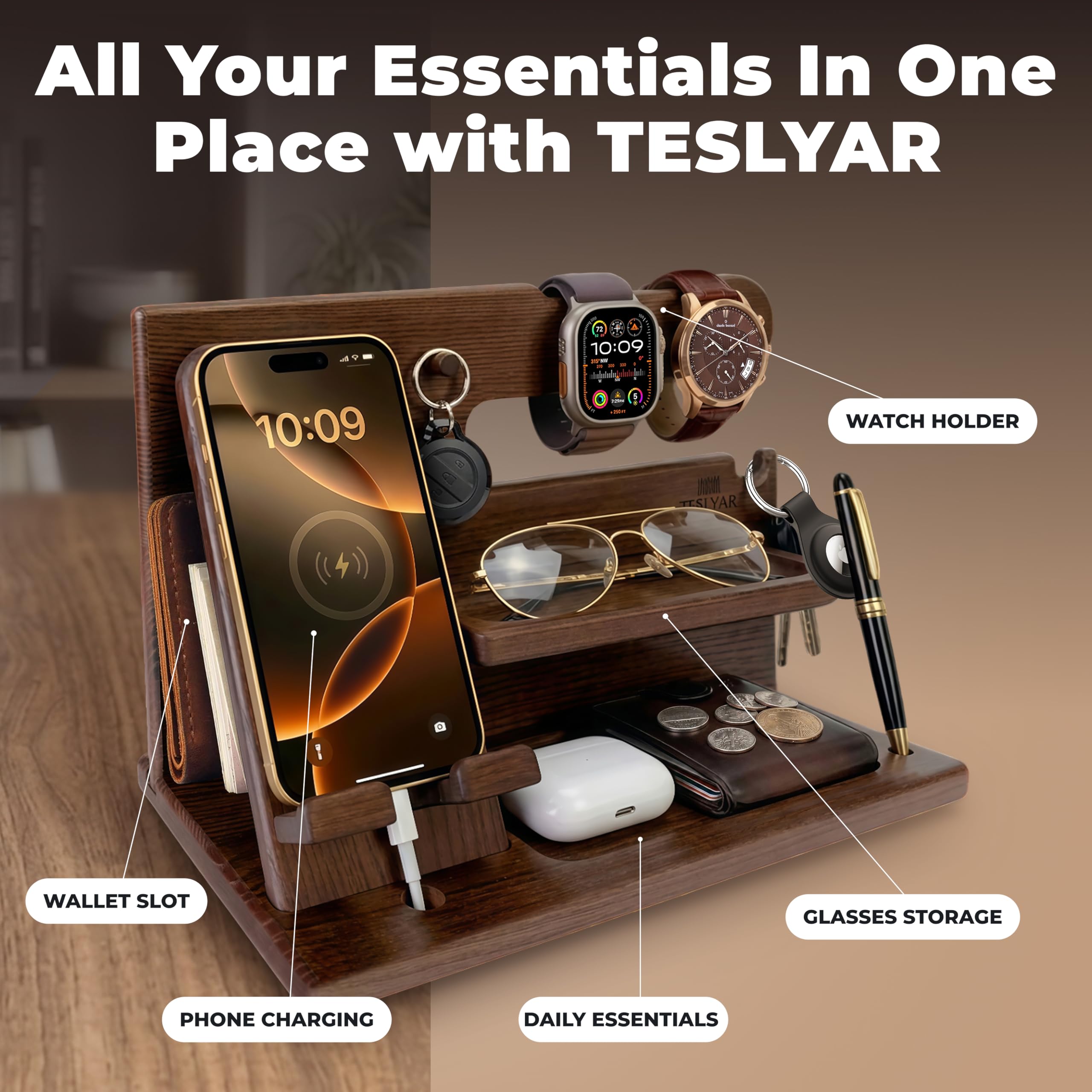 TESLYAR Wood Phone Docking Station for Men - Desk or Nightstand Organizer - Birthday Gifts for Husband, Dad - Anniversary Idea from Wife - Key Holder, Stand Wallet, Watch & Essentials (Bourbon Brown)