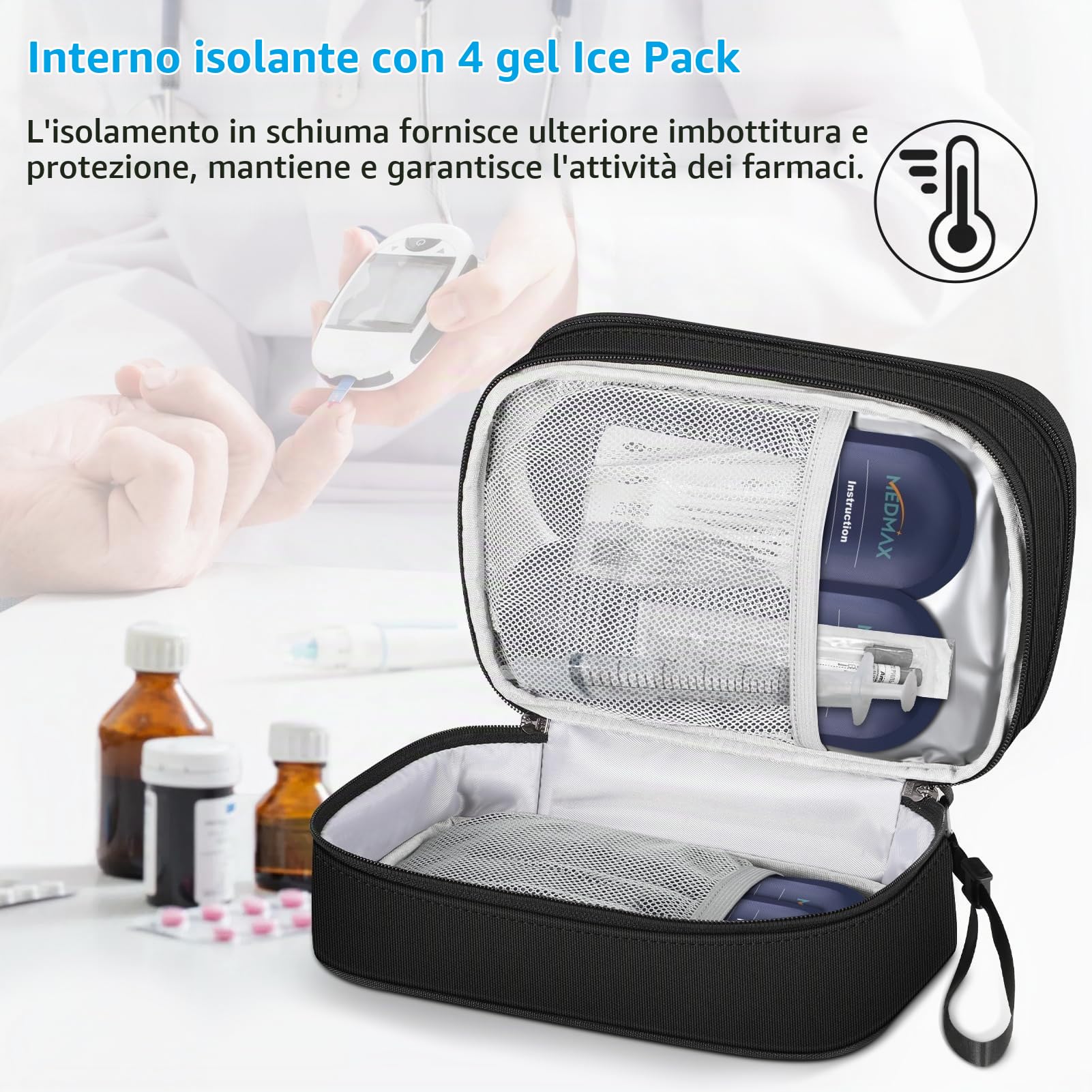 MEDMAX Borsa Termica per Insulina con 4 Impacchi di Ghiaccio, Medicinali Organizzatore da Viaggio, con Custodia Extra per Penne Insulina, Misuratori di Glucosio e altri Diabetici Accessori, (Nero)