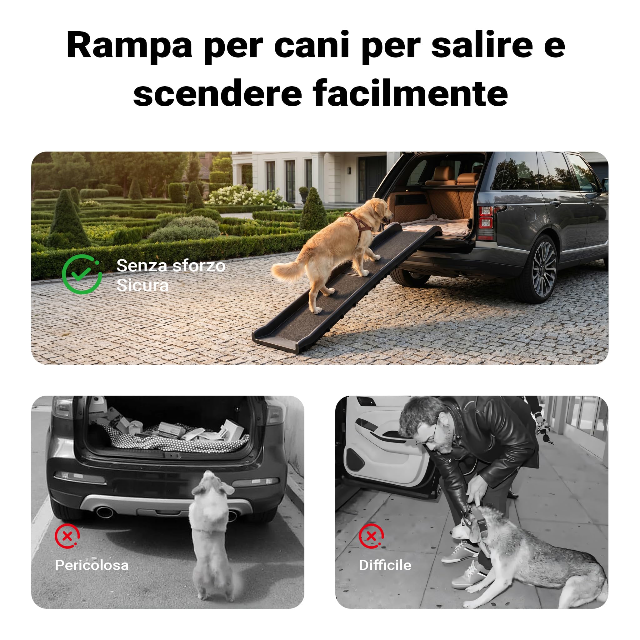 Wiltec Rampa per cani 155 x 40 cm 90 kg pieghevole, con superficie strutturata antiscivolo, pedana antiscivolo per cane, ausilio di salita pieghevole in PP per auto, SUV e pick-up