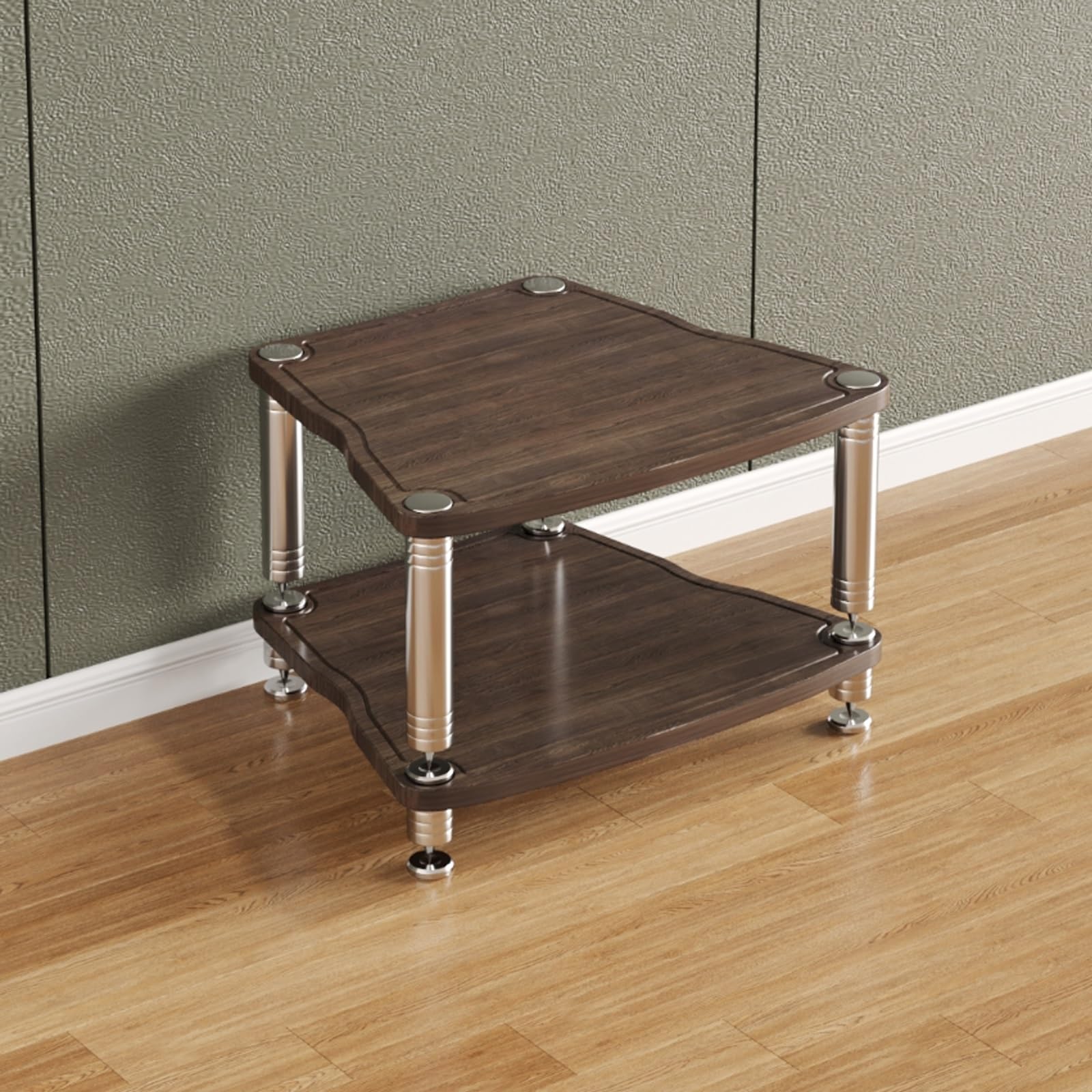 Meuble de rangement multifonction en bois de noyer à 2 niveaux pour matériel audio-vidéo avec pieds en métal absorbant les chocs et pieds en acier inoxydable