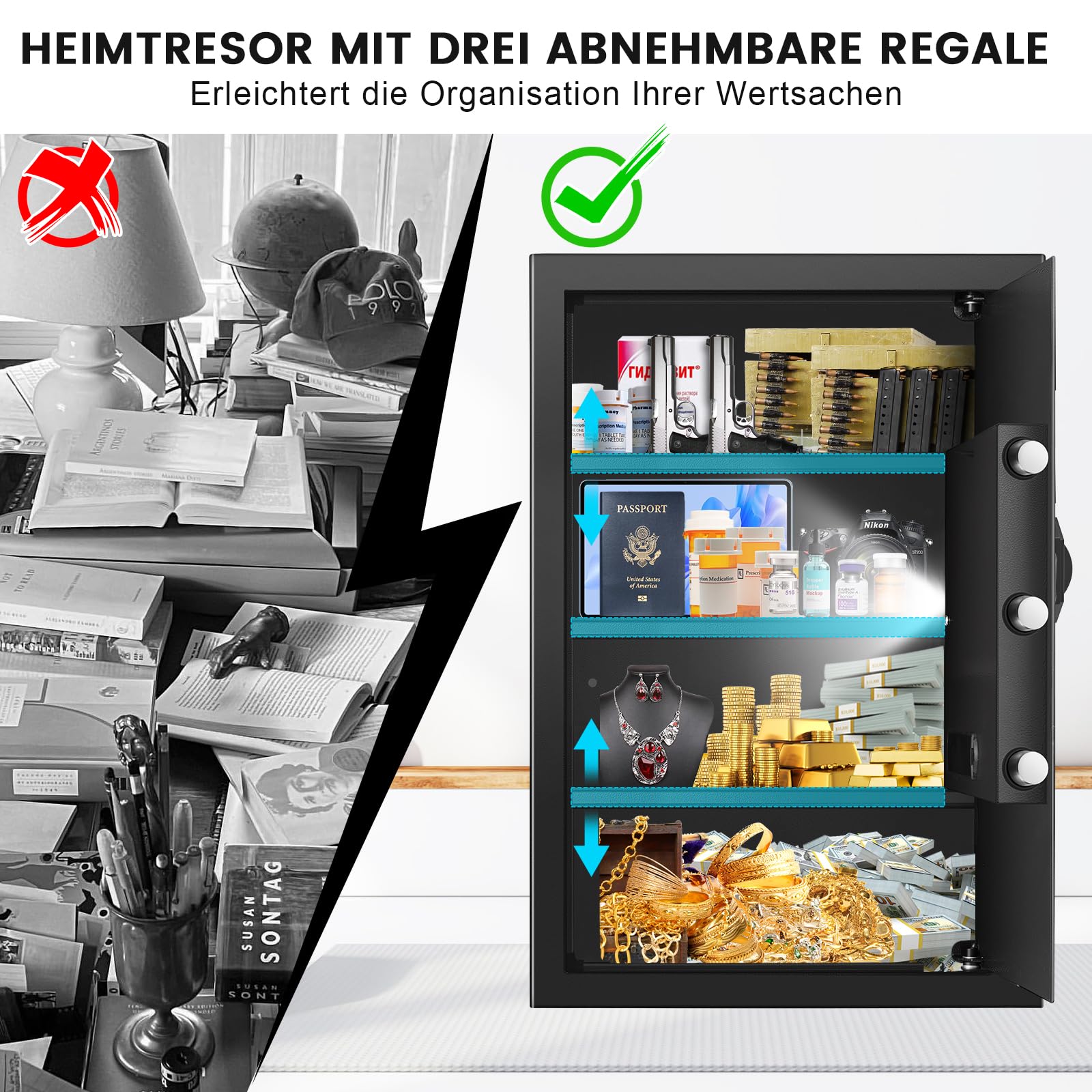 70L Extra Großer Safe Tresor für Zuhause, Feuerfester Tresor mit Schlüssel, Abnehmbares Regal und Stummschaltfunktion, Anti-Theft Tresore für Geld, Dokument, Medizin and Wertgegenstände