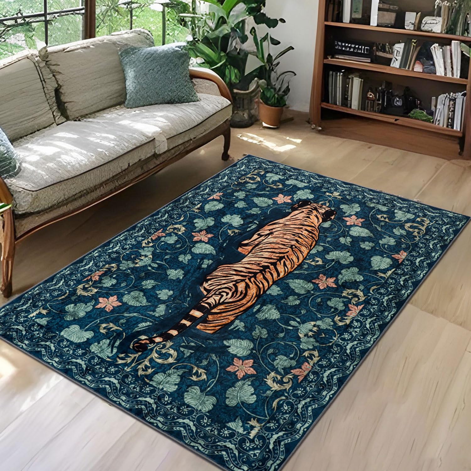 Geanlod Tiger Boho Washable Area Rugs 3x5 Dark Blue, Low Pile Jungle Botanical Entryway Rugs Non Slip, Soft Floral Bedroom Accent Floor Carpets for