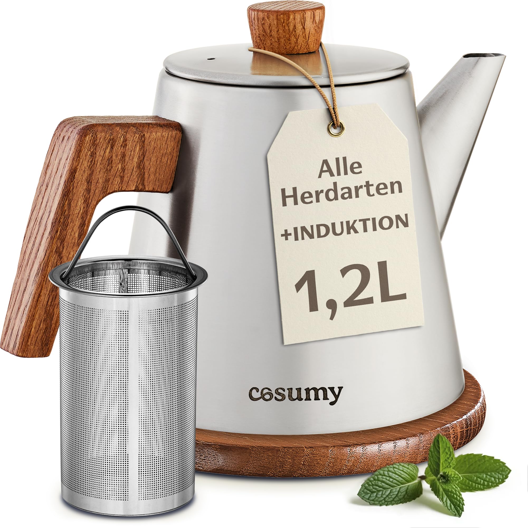 Cosumy Teekanne mit Siebeinsatz und Untersetzer - Dickes Edelstahl - Induktion & alle anderen Herdarten - 1200ml - Thermo Teekanne Metall mit Warmhaltefunktion