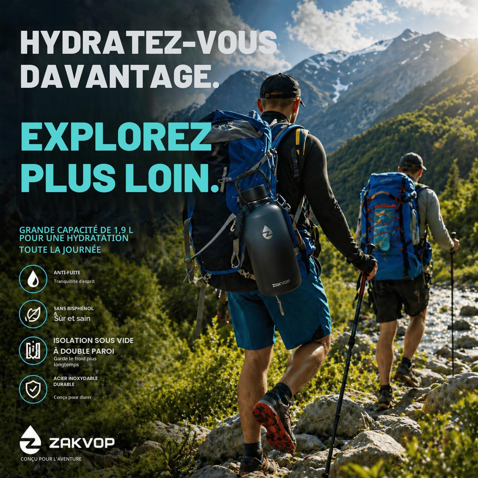 Gourde Isotherme 2l, Bouteille Isotherme avec Pailles et 3 Couvercles, Gourde Inox avec Poignée en Paracorde, Gourde 2l Étanche Sans BPA