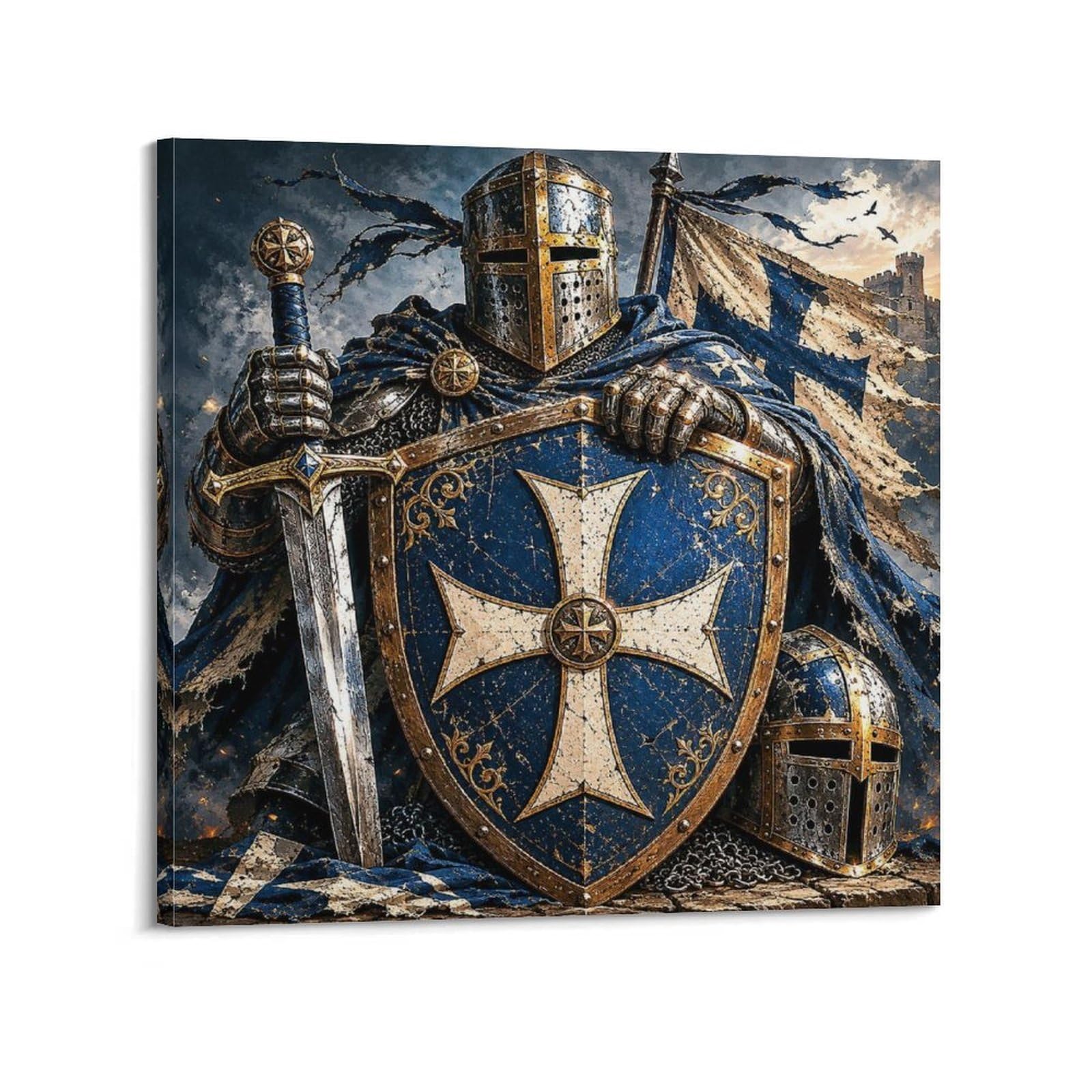 XKUGA Templar Shield Gothic Poster Navy Enamel Medieval Guard Armor Modern Decorative Canvas Prints - Ideal Wall Art for Family, Man Cave, Game Room, Boys & Girls Bedroom 20x20inch(50x50cm)