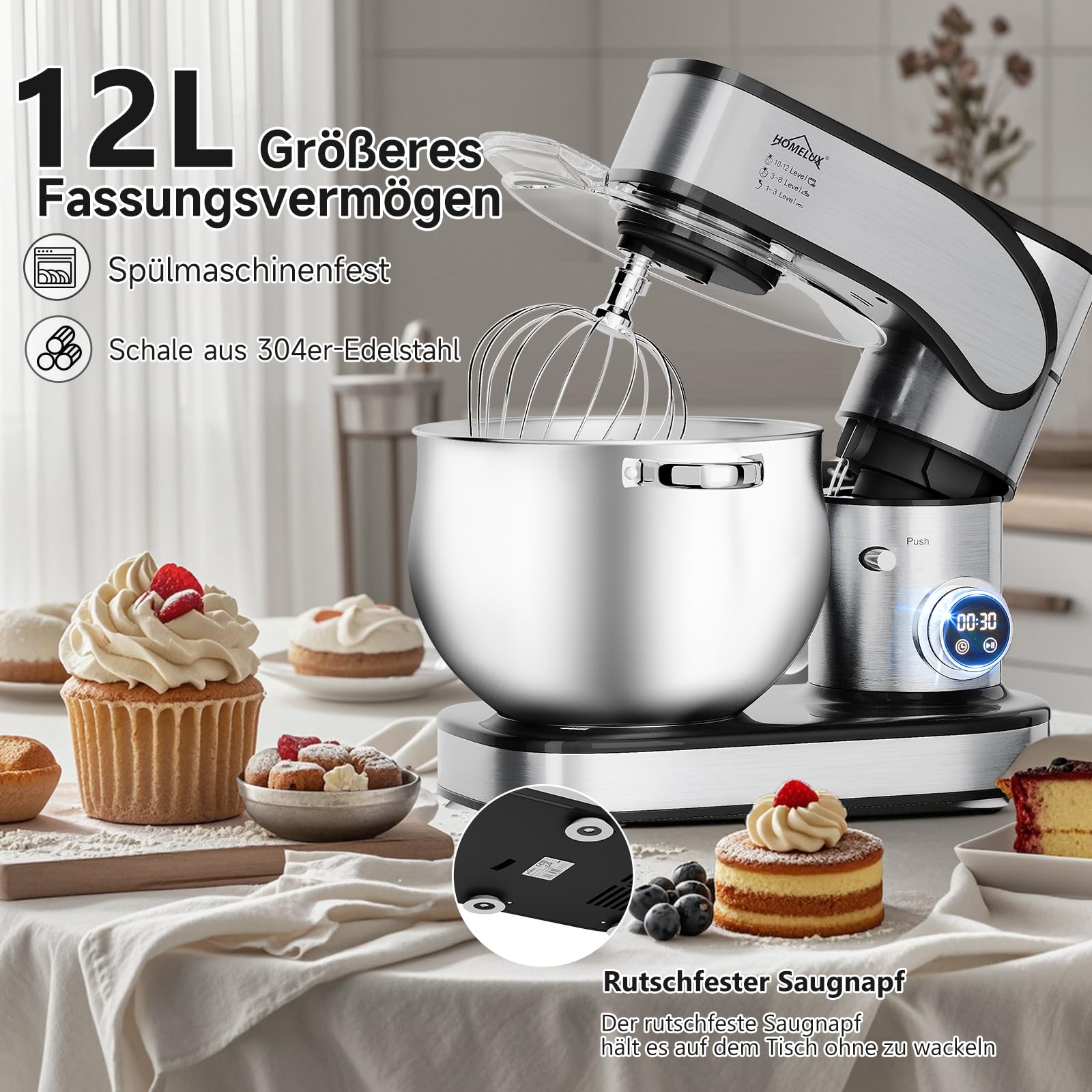 HOMELUX Robot kuchenny 2500 W, maszyna do ugniatania z miską ze stali nierdzewnej o pojemności 12 litrów, 12 stopni prędkości, ekran dotykowy LED, trzepaczka, hak do zagniatania, trzepaczka, szpatułka