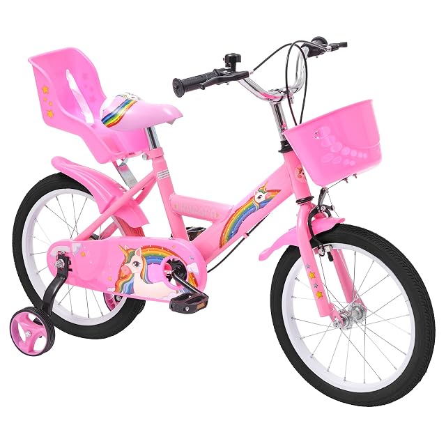 Baroni Toys Bicicleta para niñas de 12, 14 y 16 Pulgadas con portabicicletas Unicornio y Ruedas Incluidas