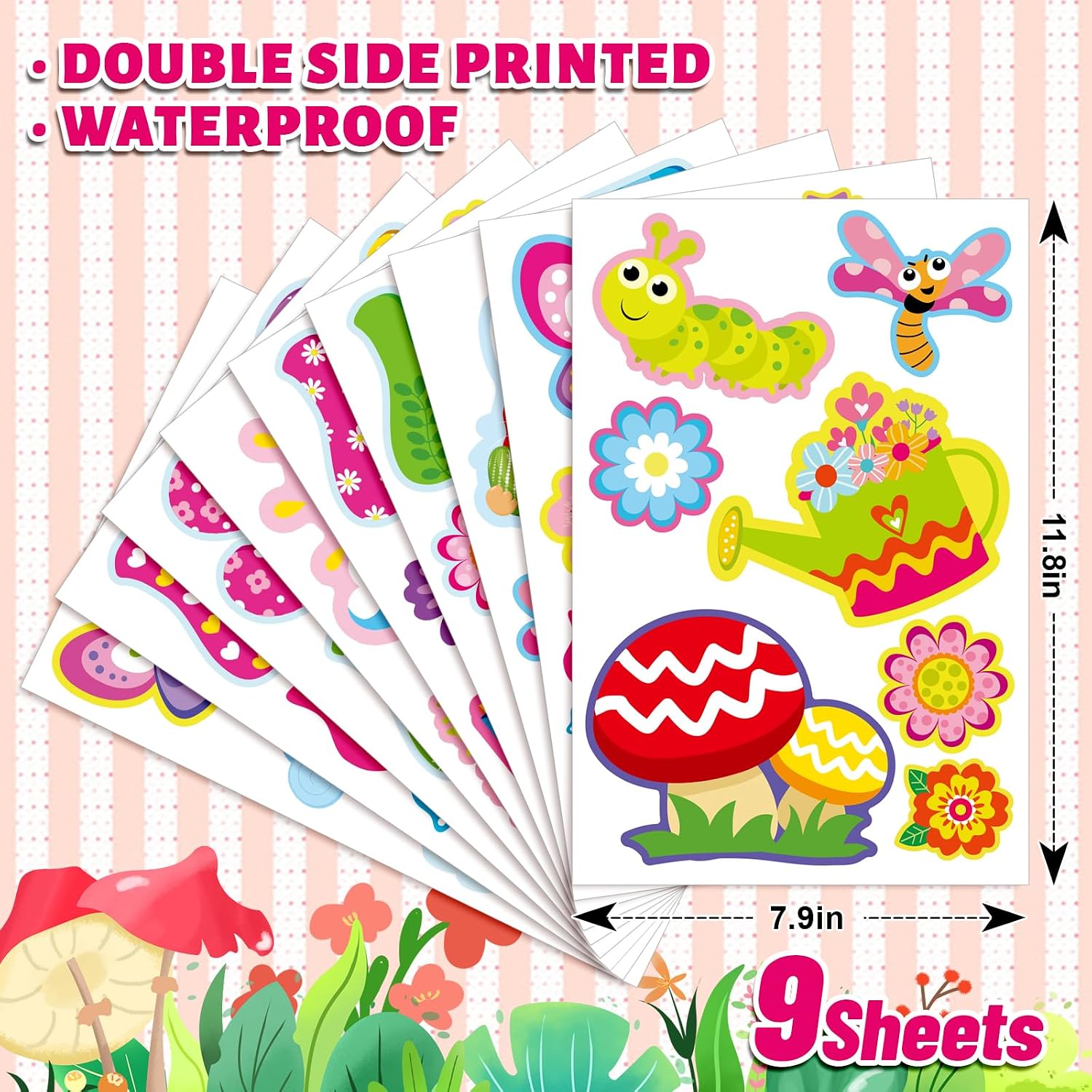 Whaline 9 Sheets Spring Cartoon Window Cling Stickers Colorful Gnome Flower Butterfly Windows Decals Hello Spring Reusable Window Decoration for Party Home Office Classroom image 2