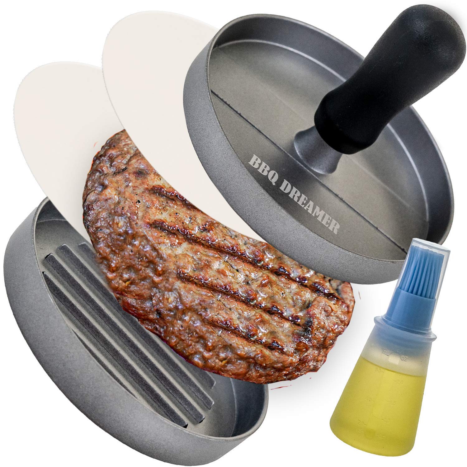 BBQ DREAMER Burger Press Patty Maker with 100 Patty Papers and Bottle Basting Brush, Hamburger Press for Griddle and Barbecue