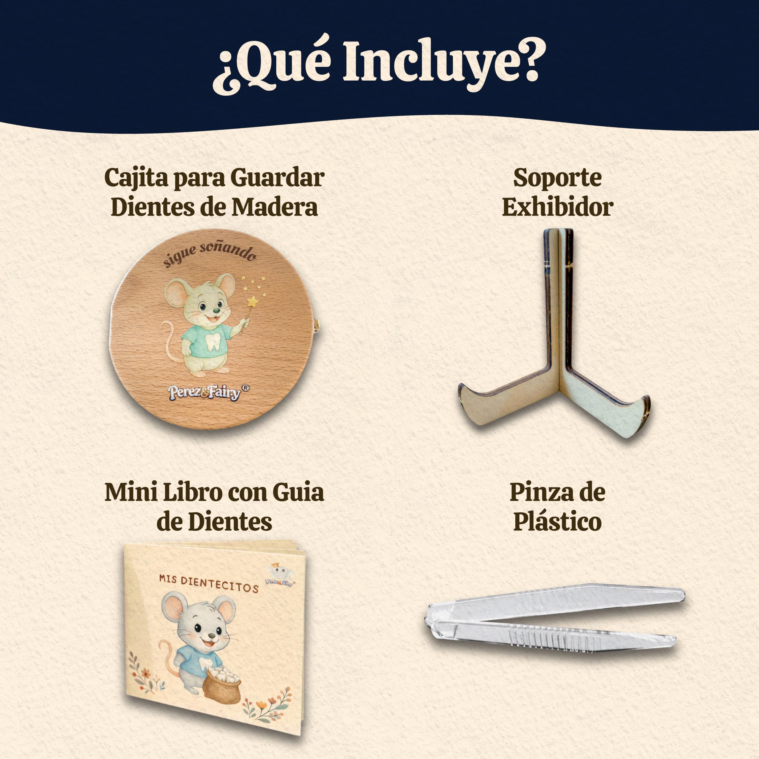 Perez&Fairy Caja de Dientes de Leche del Ratoncito Perez en Madera Premium | Cajita Ratoncito Perez con Pinzas y Soporte de Estanteria | Regalo para Niño y Niña