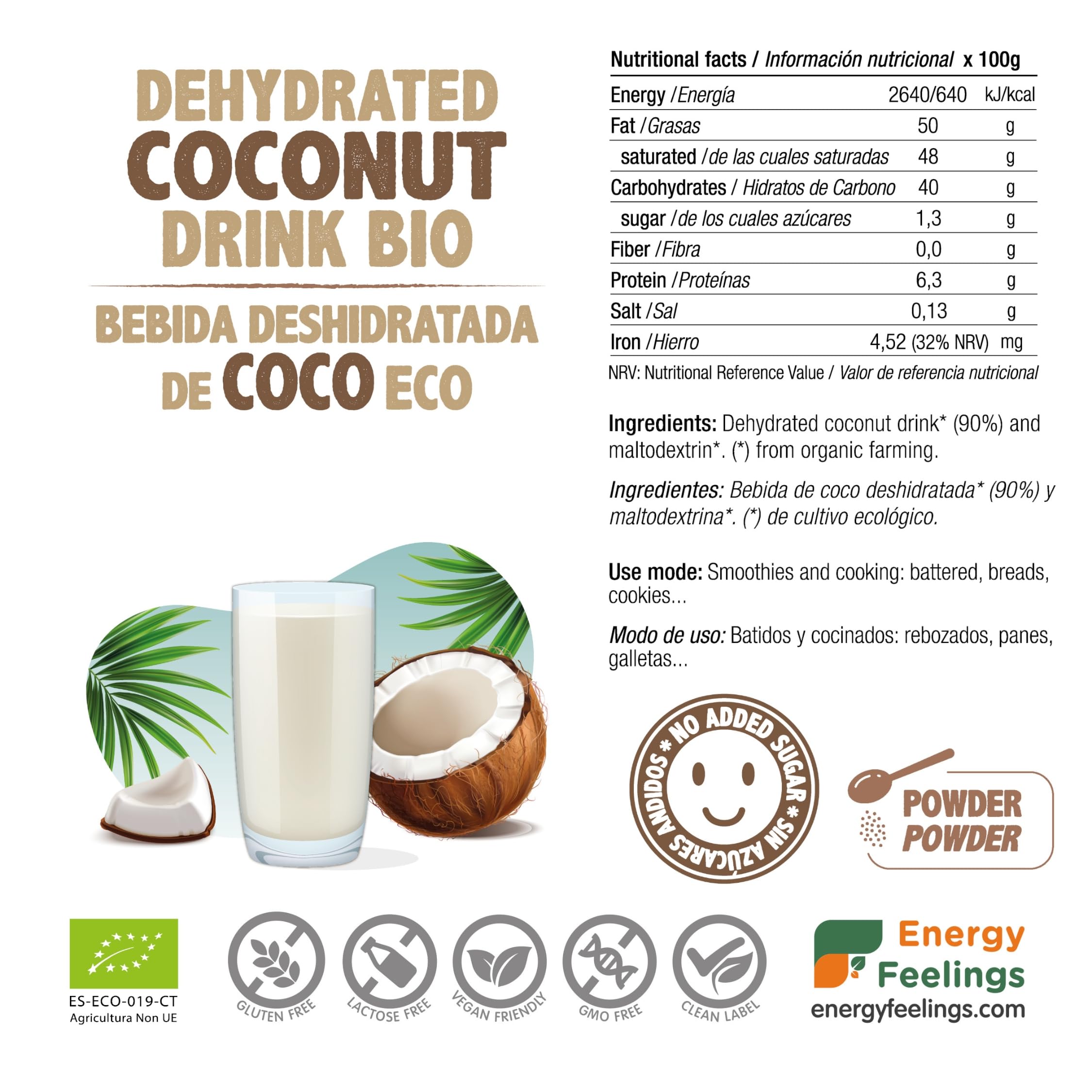 Energy Feelings Bebida de Coco Deshidratada en Polvo Ecológica 200g, Leche en Polvo Sin Lactosa y Sin Azúcares Añadidos, Vegano, Eco Coconut Milk
