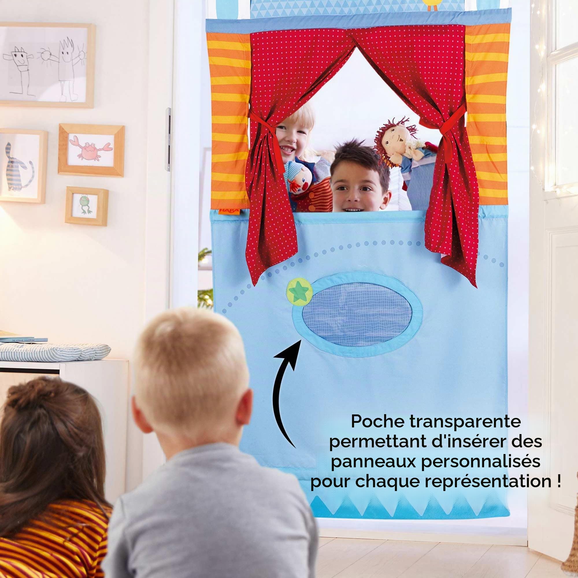 HABA 7281 - Jeux de Société-Théâtre de Porte - Un Gain d'espace avec Une Tige réglable Qui s'adapte à la Plupart des Portes