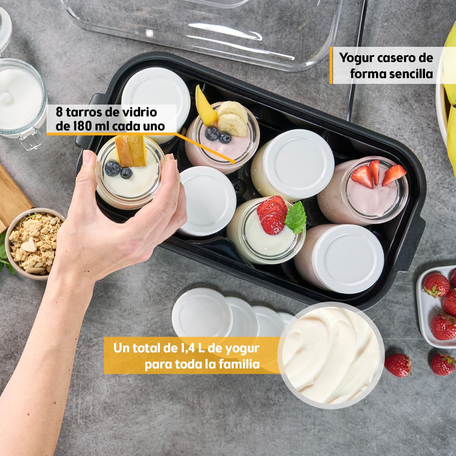 TZS First Austria - Yogurtera eléctrica 25W con 8 vasitos de vidrio de 180 ml para hasta 1,4L de yogur casero - Con temperatura de 20-55°C, apagado automático y pantalla LCD - Blanco