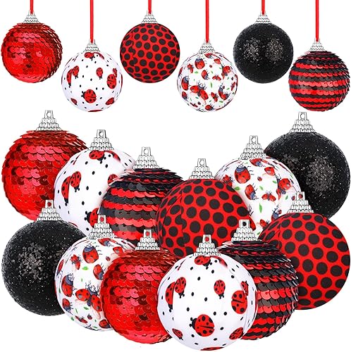 12 piezas de decoración de árbol de verano de mariquita para árbol, brillante colgante de mariquita, adorno colgante de lentejuelas rojas y negras,