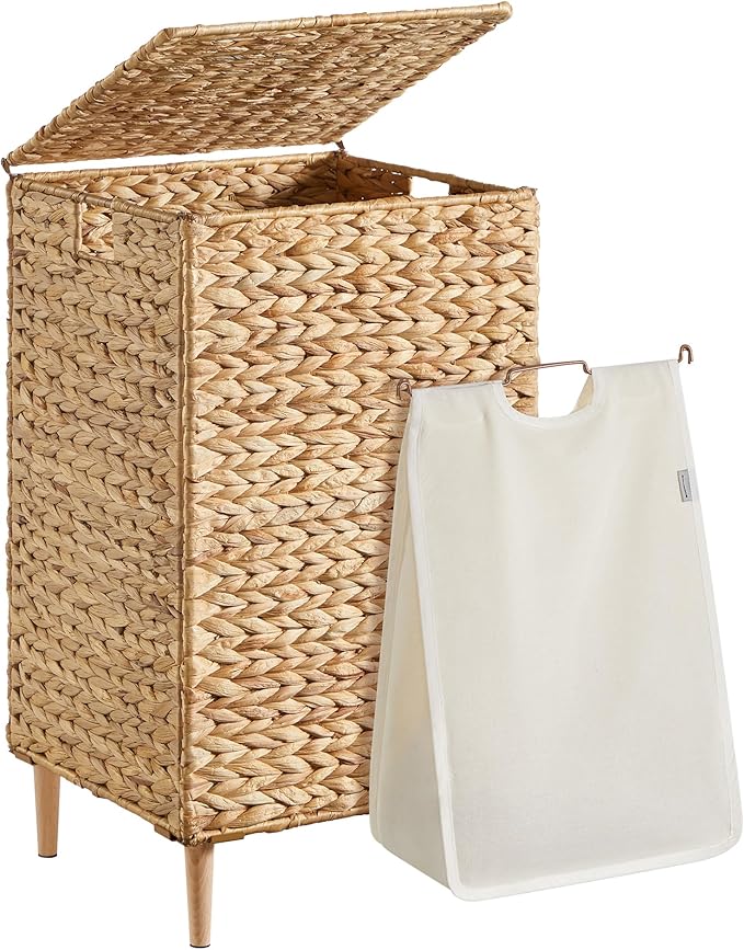 SONGMICS Laundry Hamper 2 Sections, 34.3 Gal. (130 L) Handwoven Water Hyacinth Wicker Laundry Basket with Lid, Natural Material, Removable Machine Washable Liners, Handles, Natural ULCB202Y01