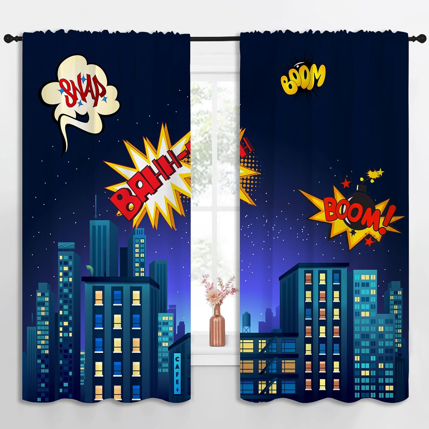 Superhero Rod Pocket Blackout Curtains for Boy Girl Bedroom, Cartoon Skyline Buildings Cityscape Thermal Insulated Home Window Drapes for Living Room Darkening, 55x63 inch