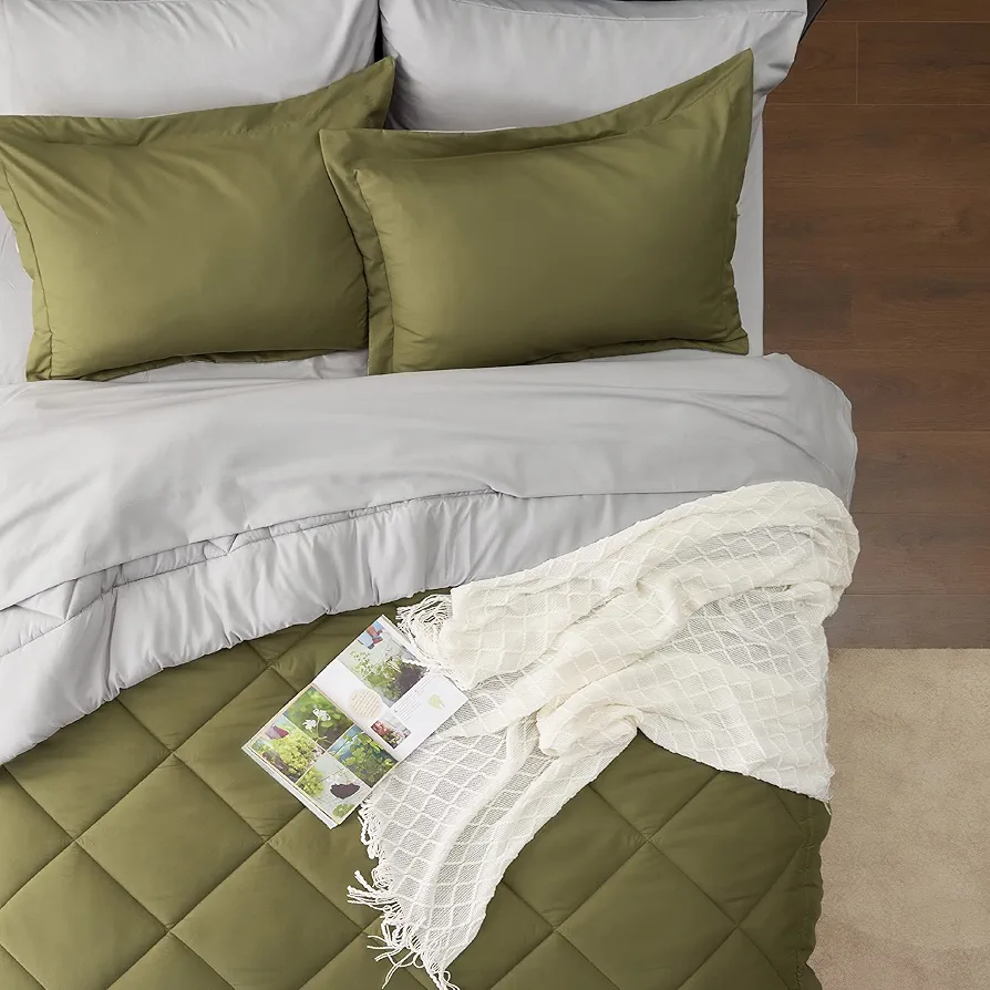 Bedsure Olive Green Queen Comforter Set 7 Pieces Reversible Queen Bed