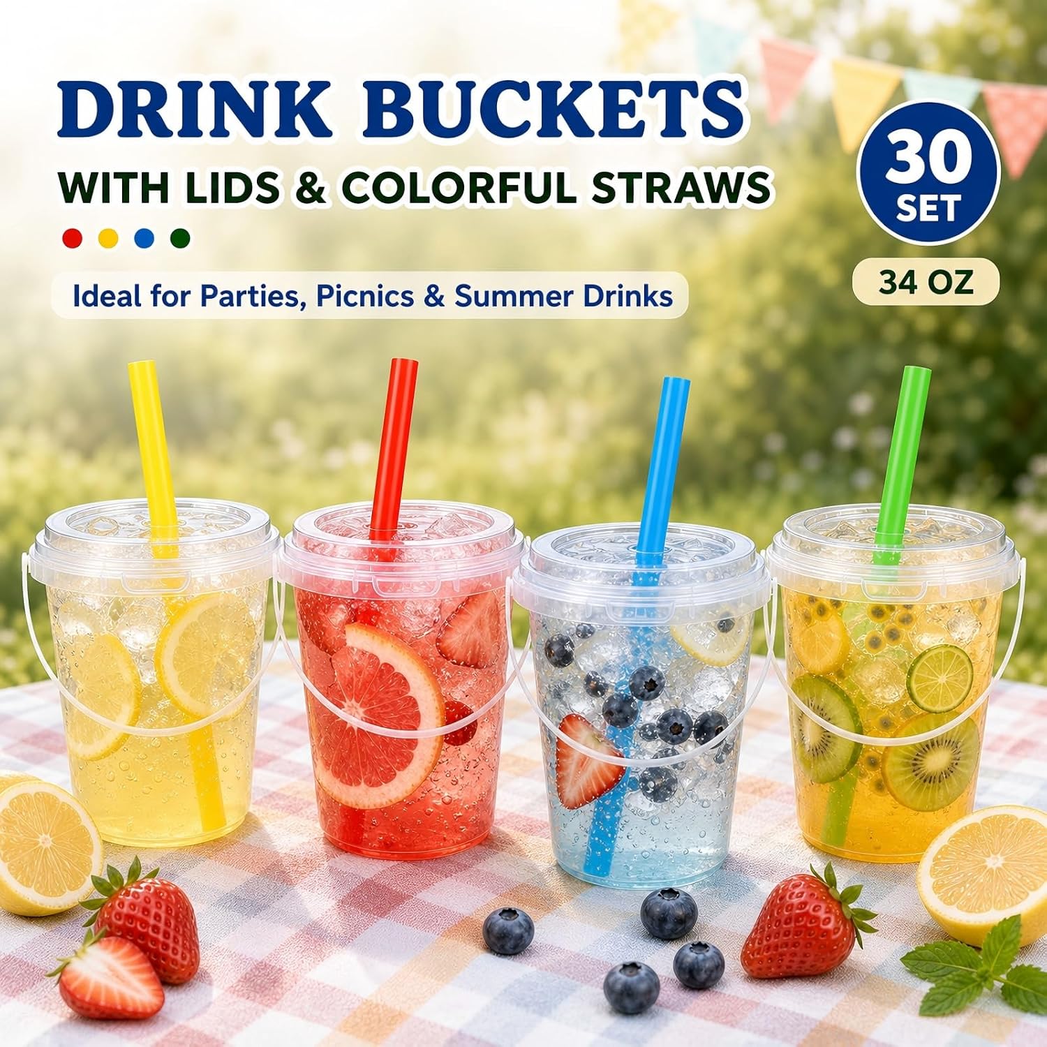 30 Pack 34oz Drink Buckets with Lids and Colorful Straws | Clear Plastic Drink Bucket | Stable Wide Base | Carry Handle | Ideal for Party, Picnic & Beach