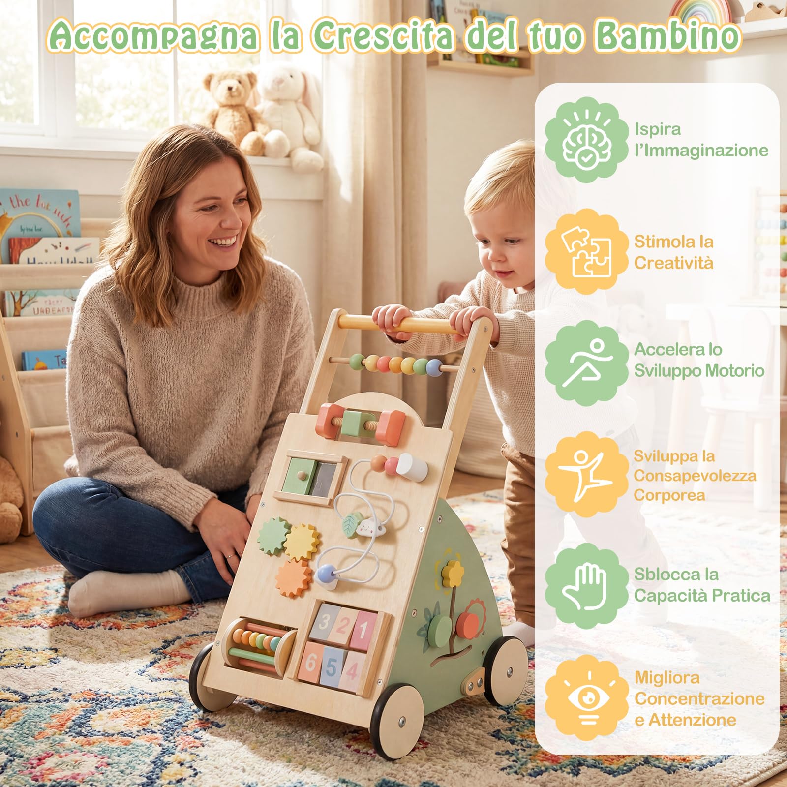 COSTWAY Carello Primi Passi in Legno per Bambini, Girello Montessori con Centro Attività, Ruote e Cestino Portaoggetti, Gioco Educativo per Bambini 12 + Mesi (Modello 5)