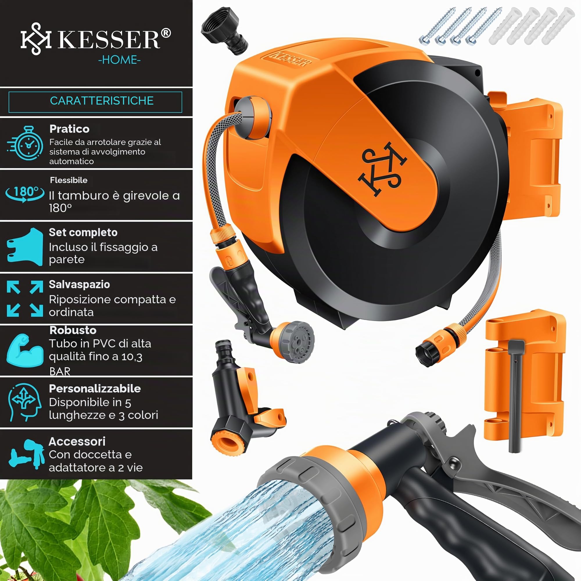 KESSER® Avvolgitubo con Tubo da Giardino 15 m, a Parete, Avvolgitubo girevole a 180° e a rientro automatico, Portagomma a Parete con Doccia a mano a 7 funzioni, Nero/Arancione