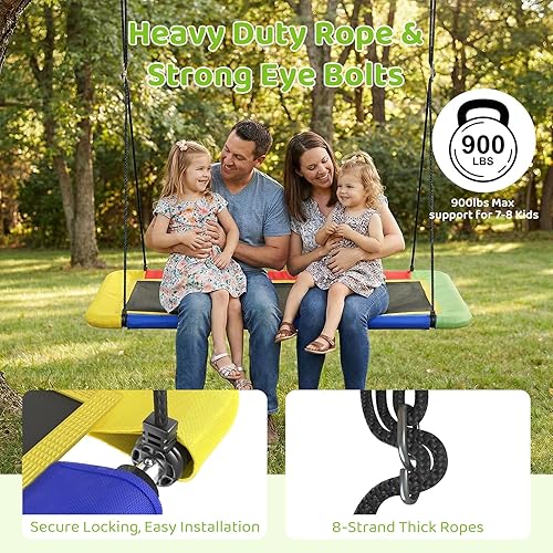 Miniatura 4 de Columpio de árbol de plataforma rectangular de 60 pulgadas para niños y adultos, columpio volador gigante con correa ajustable para colgar, tela de