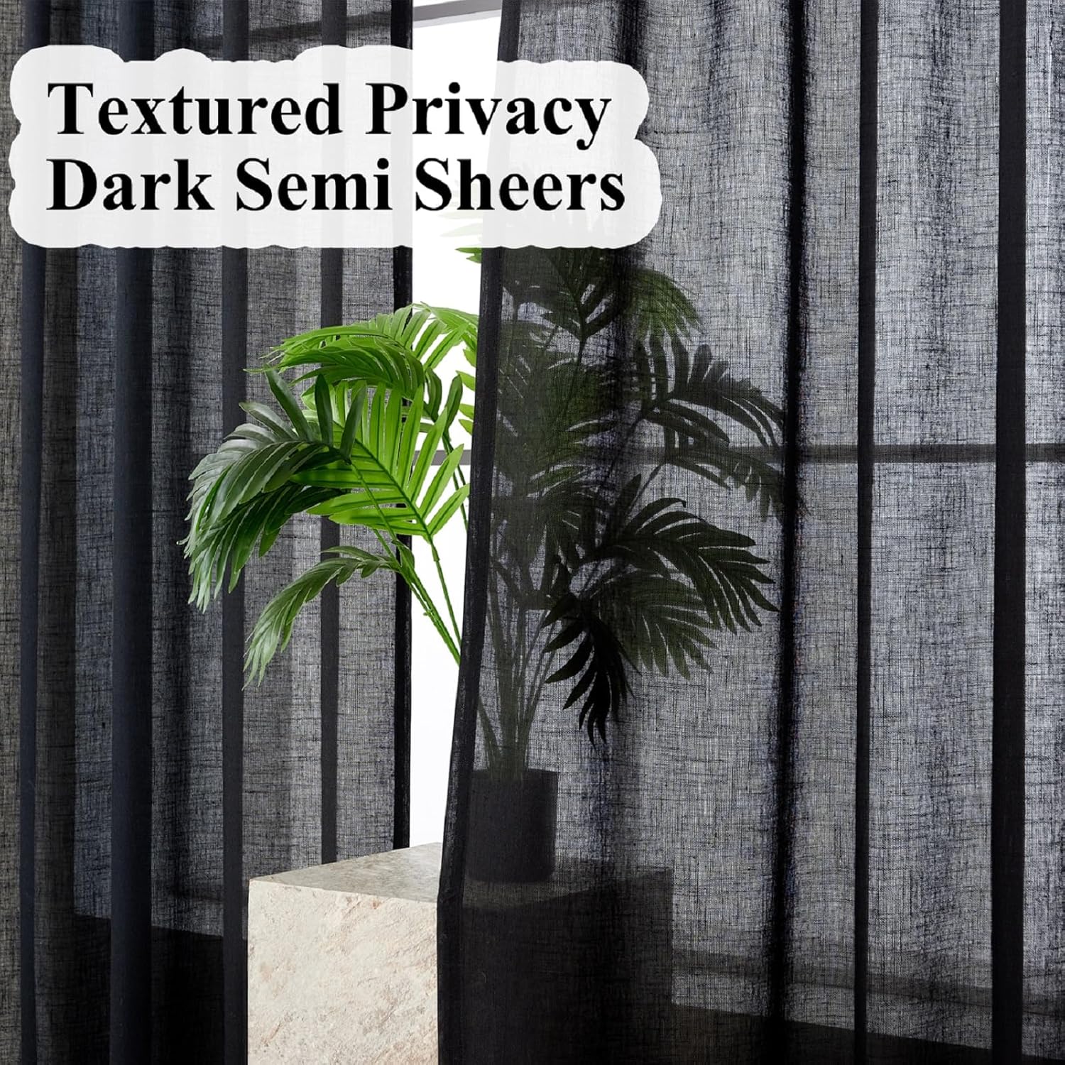 Black Semi Sheer Curtains 90 Inches Long, Linen Textured Light Filtering Curtains & Drapes for Bedroom, Dark Moody Modern Farmhouse Window Decor, Pinch Pleat Ceiling Curtain with Hooks
