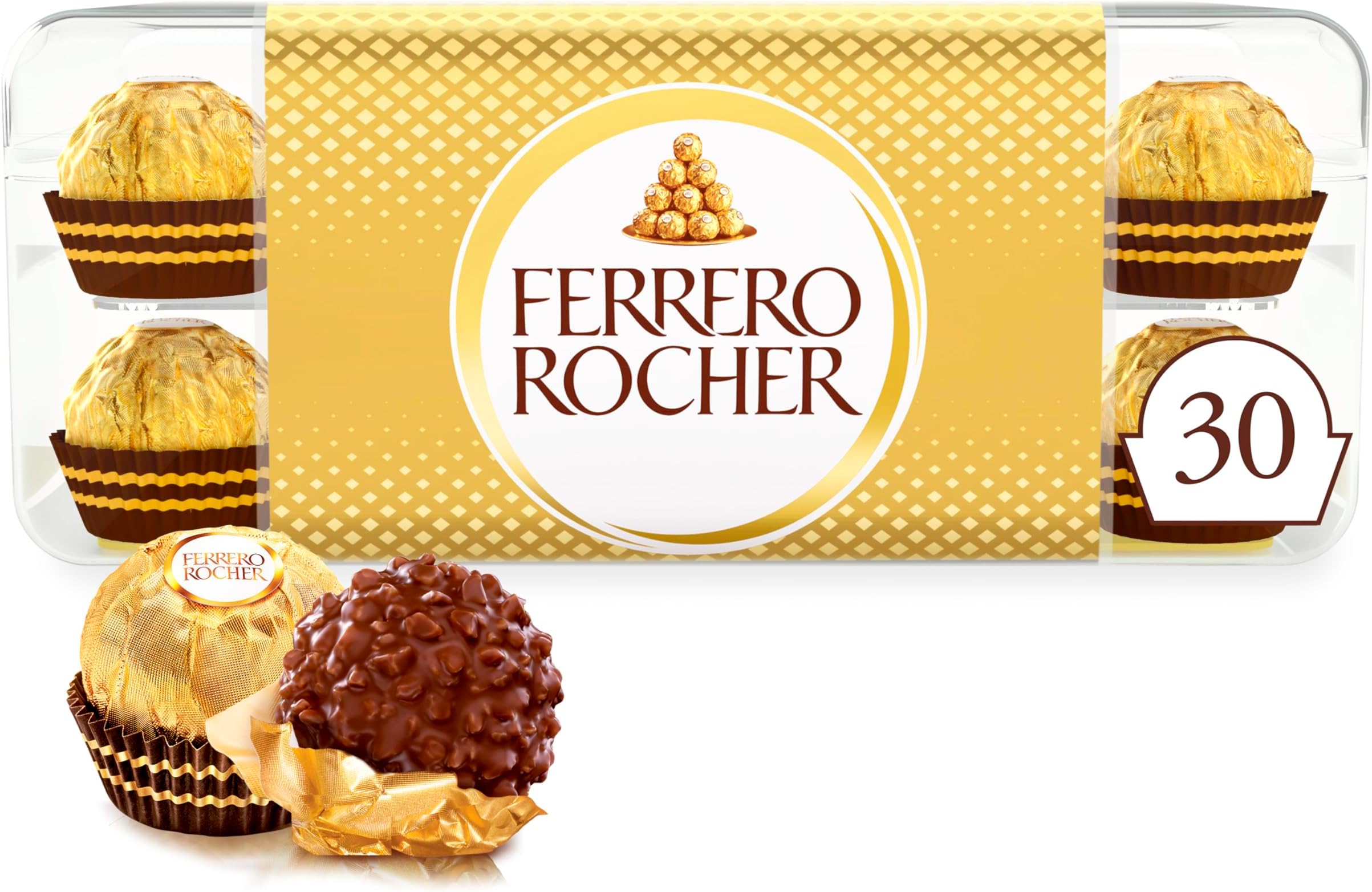 Ferrero Rocher Pralines, Chocolate Gift, Chocolate Hamper, Whole Hazelnut Covered in Milk Chocolate and Nuts, Box of 30 (375g)