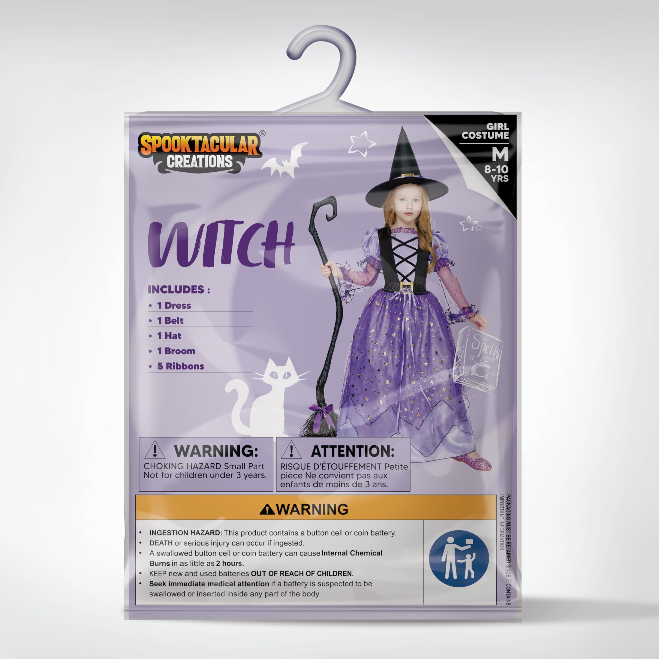 Spooktacular Creations Kostium czarownicy dla dziewczynki, świecący kostium czarownicy dla dzieci, gwiaździsta sukienka czarownicy z kapeluszem na pasek na miotły, dla dziewcząt, Halloween, impreza