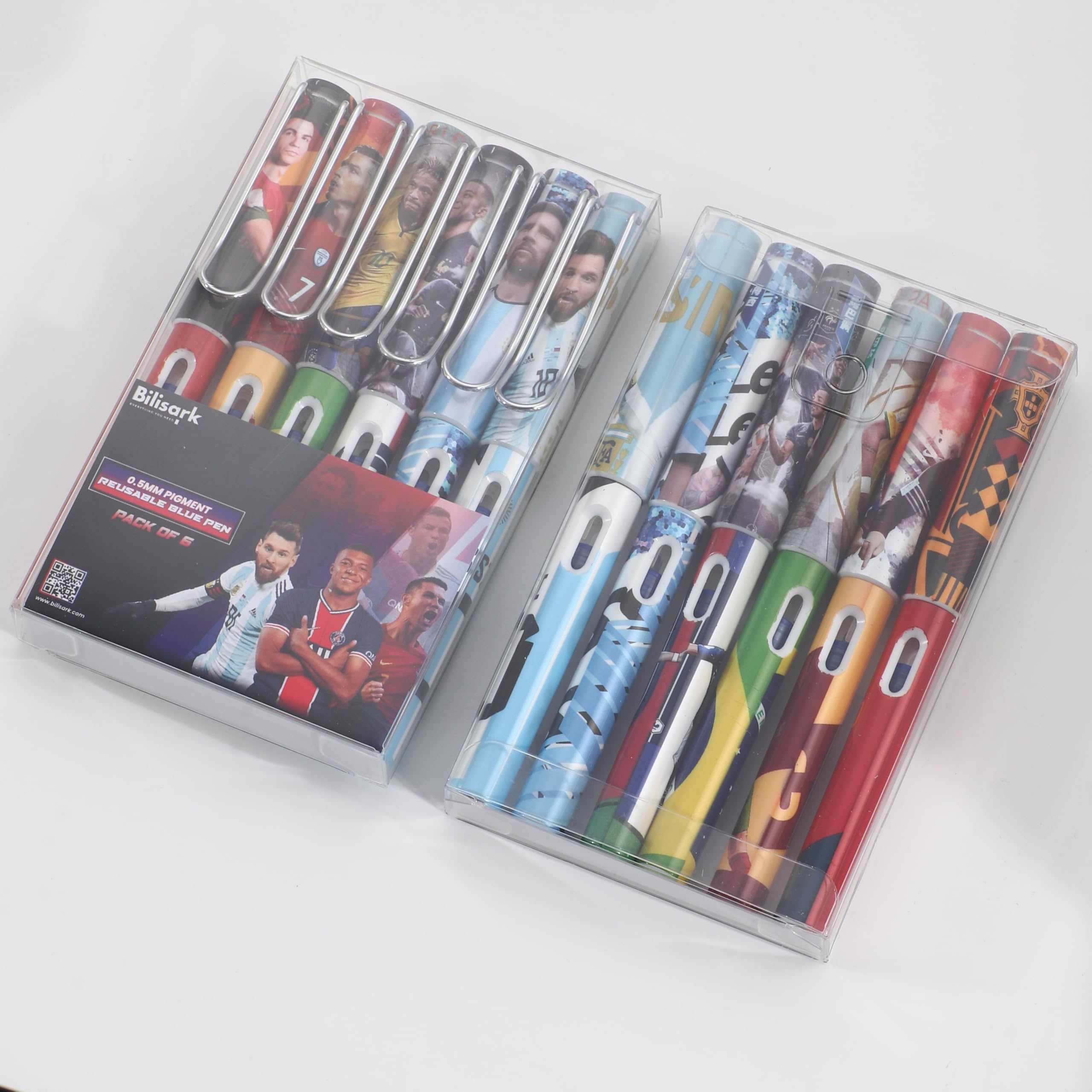 Bilisark Football Players Blue 0.5mm Pigment Ink Resusable Pens for School Office Home Supplies, Gifts for Kids, Men, Women Set of 5 | Cristiano Ronaldo | Lionel Messi | Kylian Mbappe | Neymar
