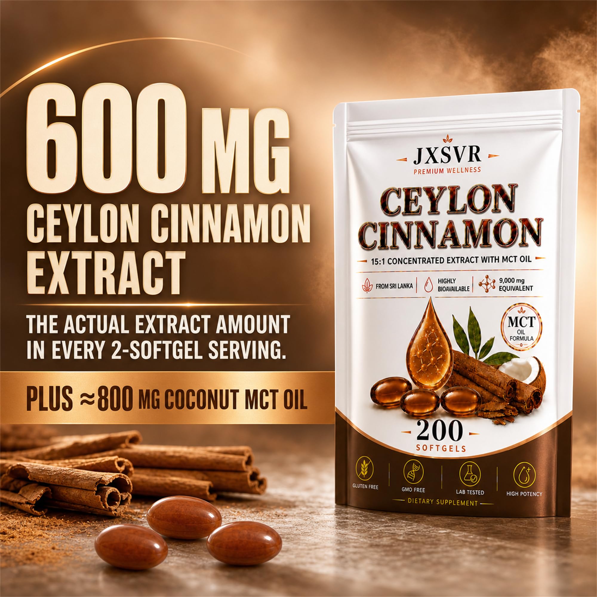 Ceylon Cinnamon with MCT Oil Softgels, 15:1 Sri Lankan Cinnamomum Verum Inner Bark Extract Supplement | Highly Bioavailable | Heart Health and Energy & Metabolism Support (1 Bag (200 Count)) — Amazon image 2