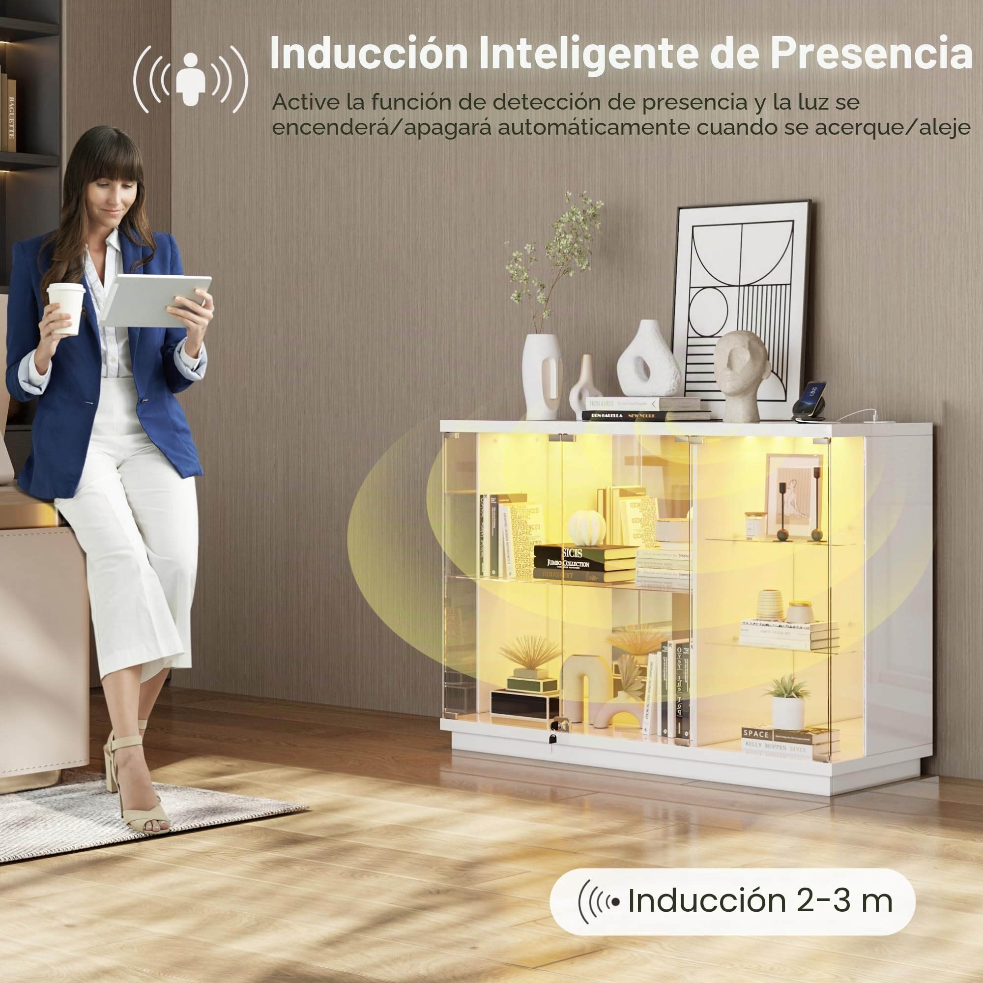 Lvifur Vitrina de cristal con iluminación LED y puertas de cristal, armario de vitrina de cristal, gabinete con sensor inteligente, vitrina de madera de 3 capas, resistente al polvo para salón
