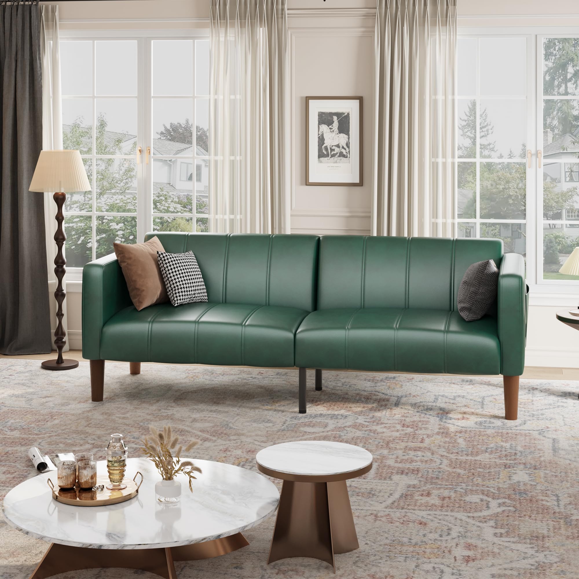 GarveeHome Futon Sofa Bed, 75-Inch Modern Faux Leather Convertible Couch, Mid-Century Loveseat for Small Space, Living Room, Bedroom, Green