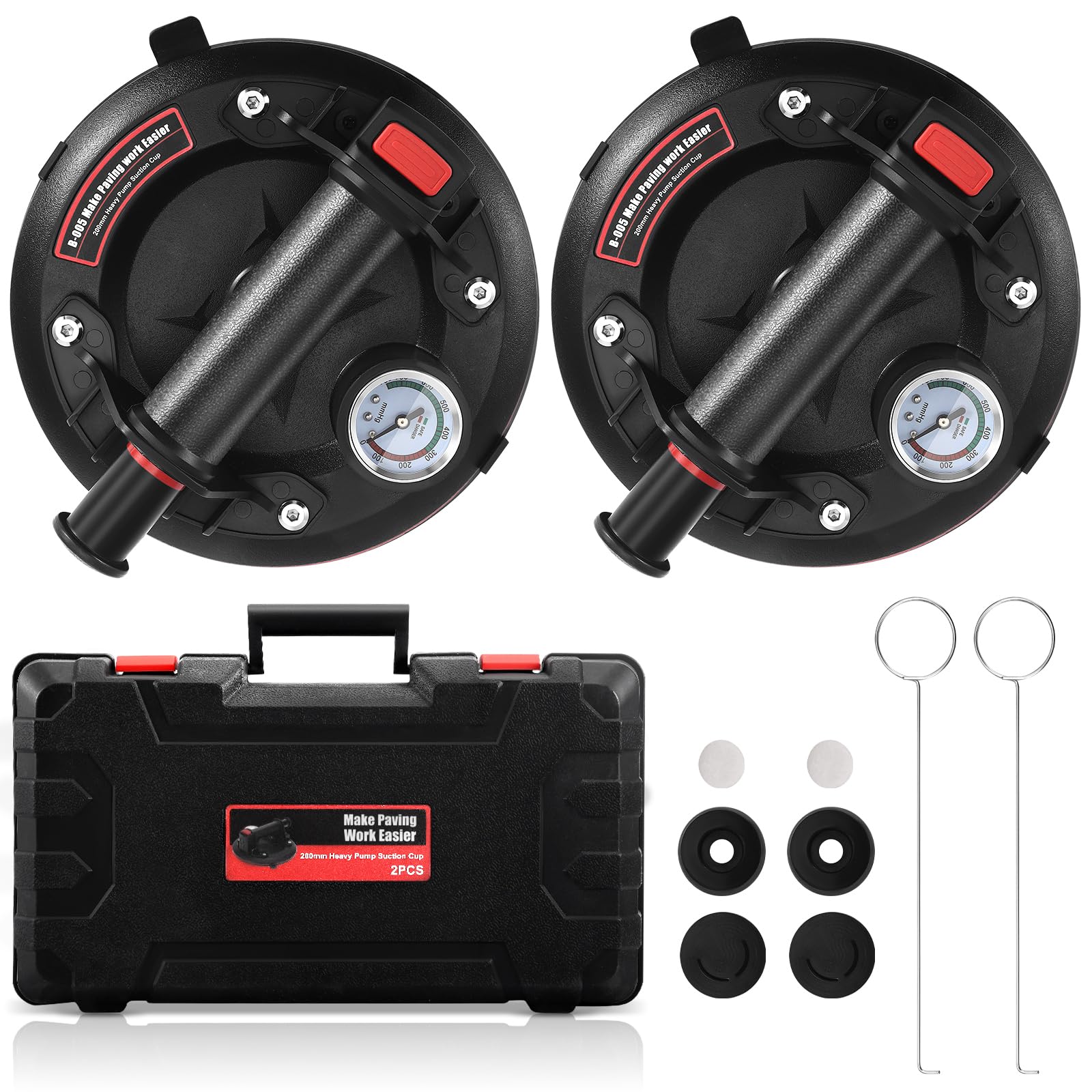 – 8" Vacuum Suction Cup with Pressure Gauge, Glass Suckers Lifters Heavy Duty, 2 Pack Tile Suction Cups, Glass Suction Cups for Granite, Windshield, Glass Lifting, 660lbs Load Capacity