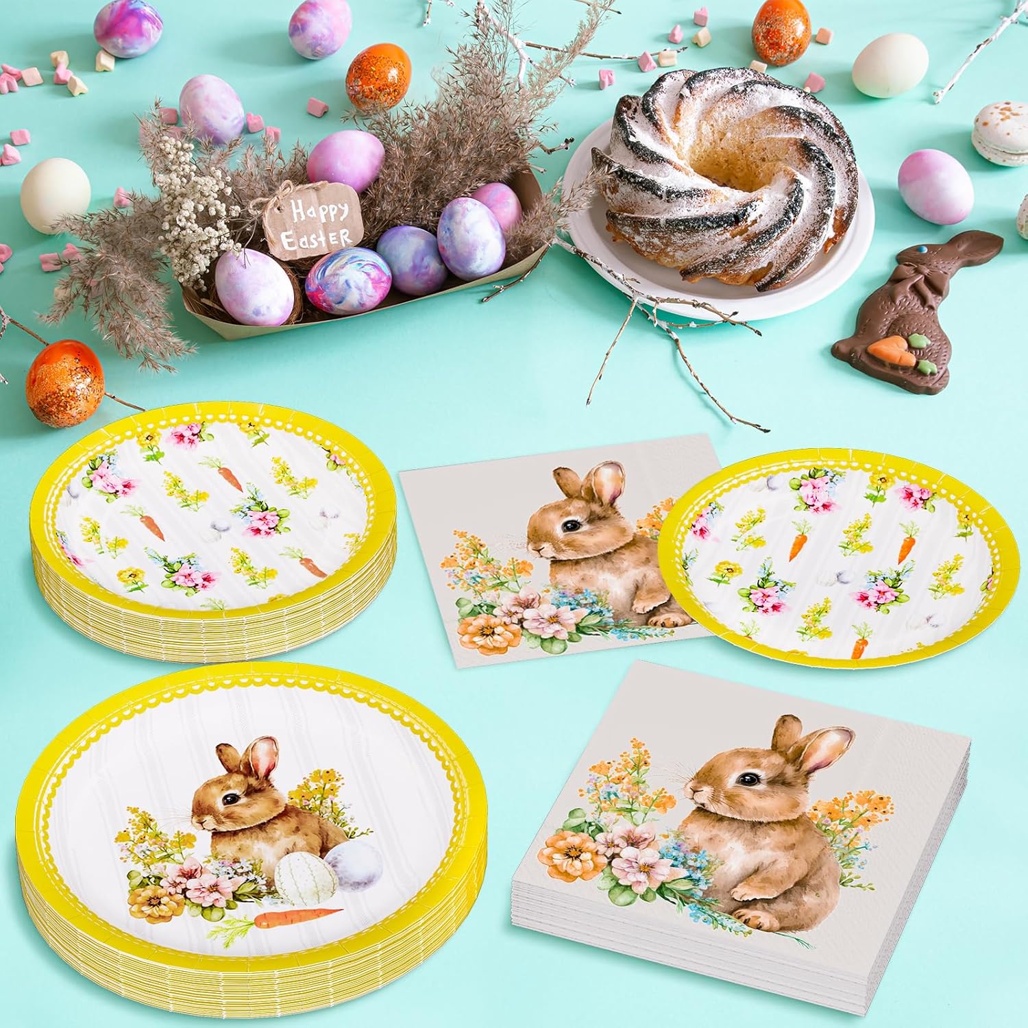 Happy Easter Party Supplies 150 Count Disposable Tableware Set 9" Paper Dinner Plates 7" Paper Dessert Plates and Napkins for Egg Cellent Easter Party Spring Decorations