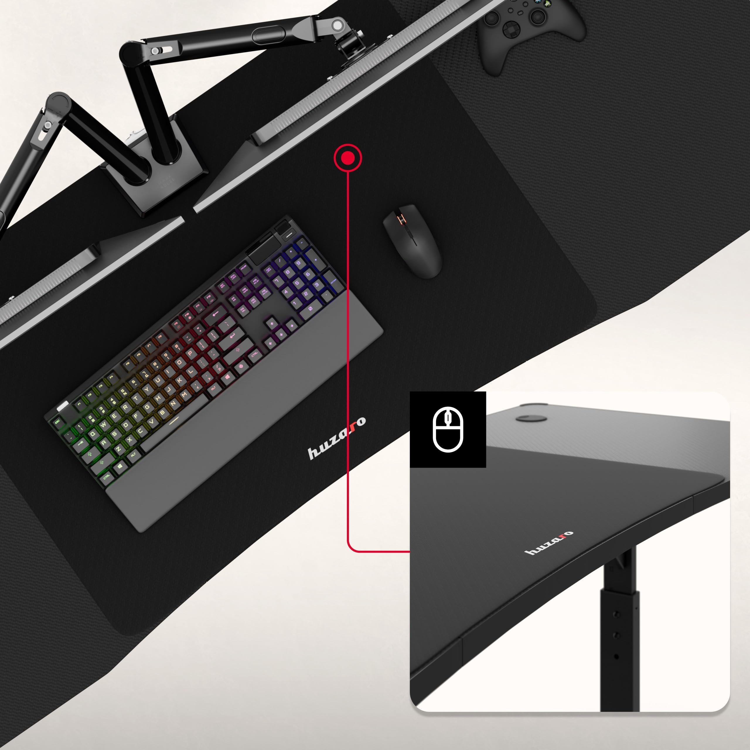 huzaro Hero 4.6 - Mesa para videojuegos (altura regulable, escritorio de 160 x 60 cm, superficie de carbono, gestión de cables, soporte para bebidas y soporte para auriculares, mesa para PC, oficina