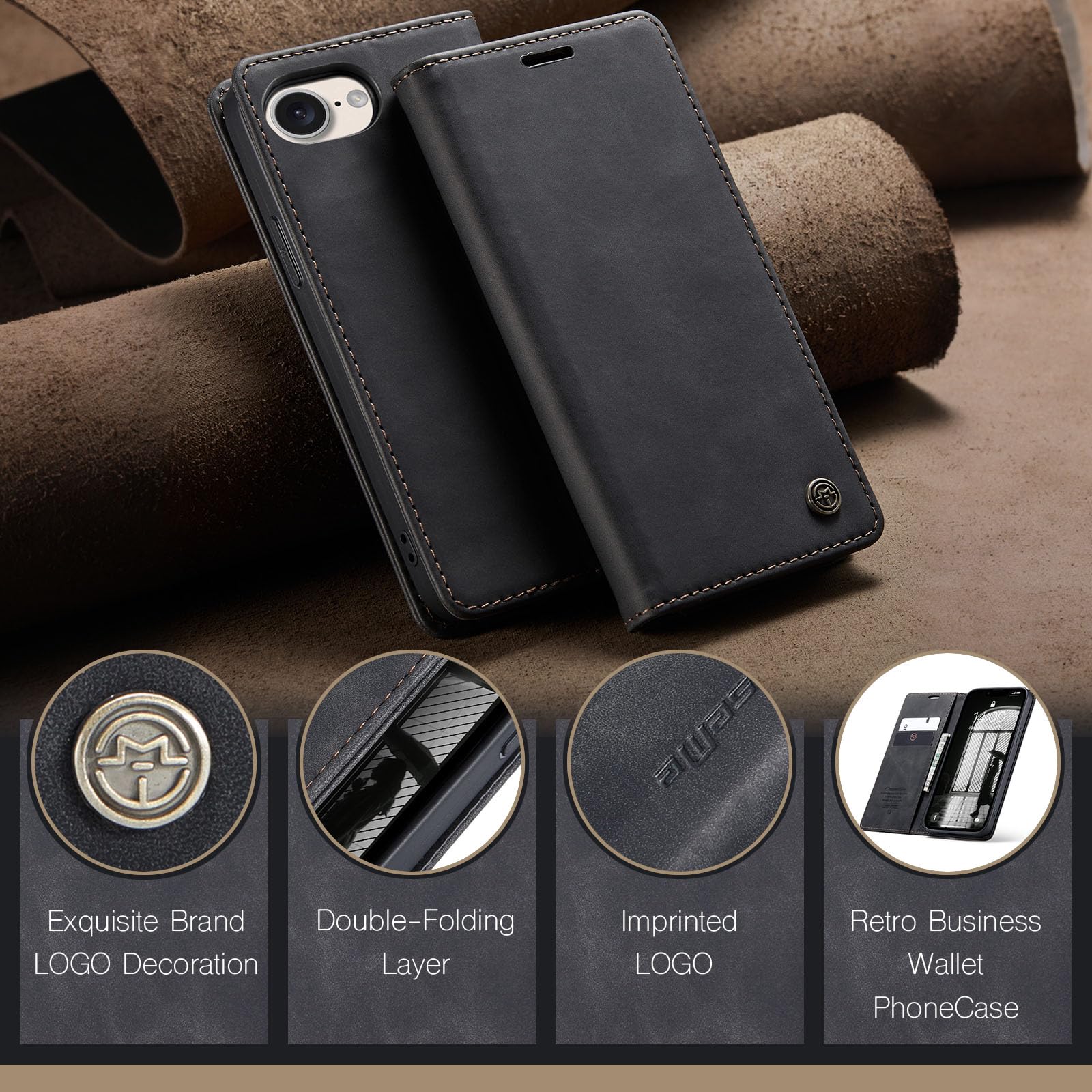 Wusbulk Cover per iPhone 16E Custodia in Premium Pelle PU, Portafoglio Flip Case [Magnetica] [Supporto] [Slot Carte] [Antiurto] Libro Cover per iPhone 16E, Nero