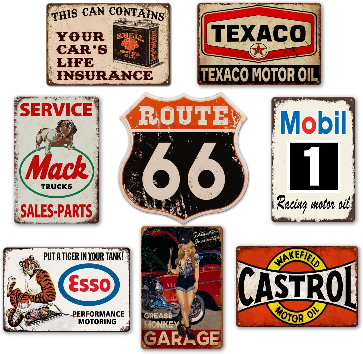 Letreros de metal vintage para garaje para hombres, letreros de lata de gasolinera, decoración de cueva de hombre, letreros de auto viejo, letreros