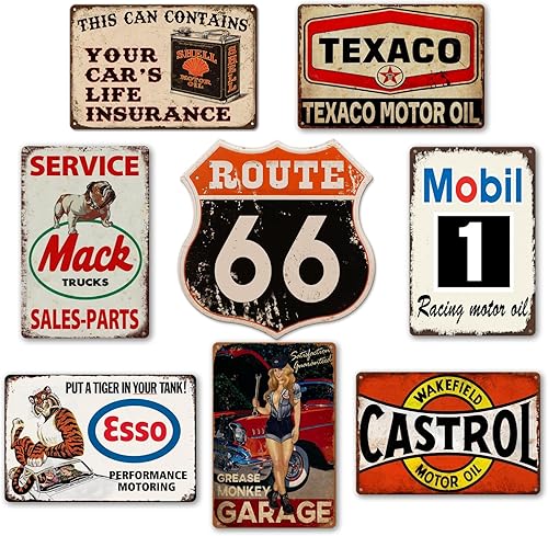 Letreros de metal vintage para garaje para hombres, letreros de lata de gasolinera, decoración de cueva de hombre, letreros de auto viejo, letreros