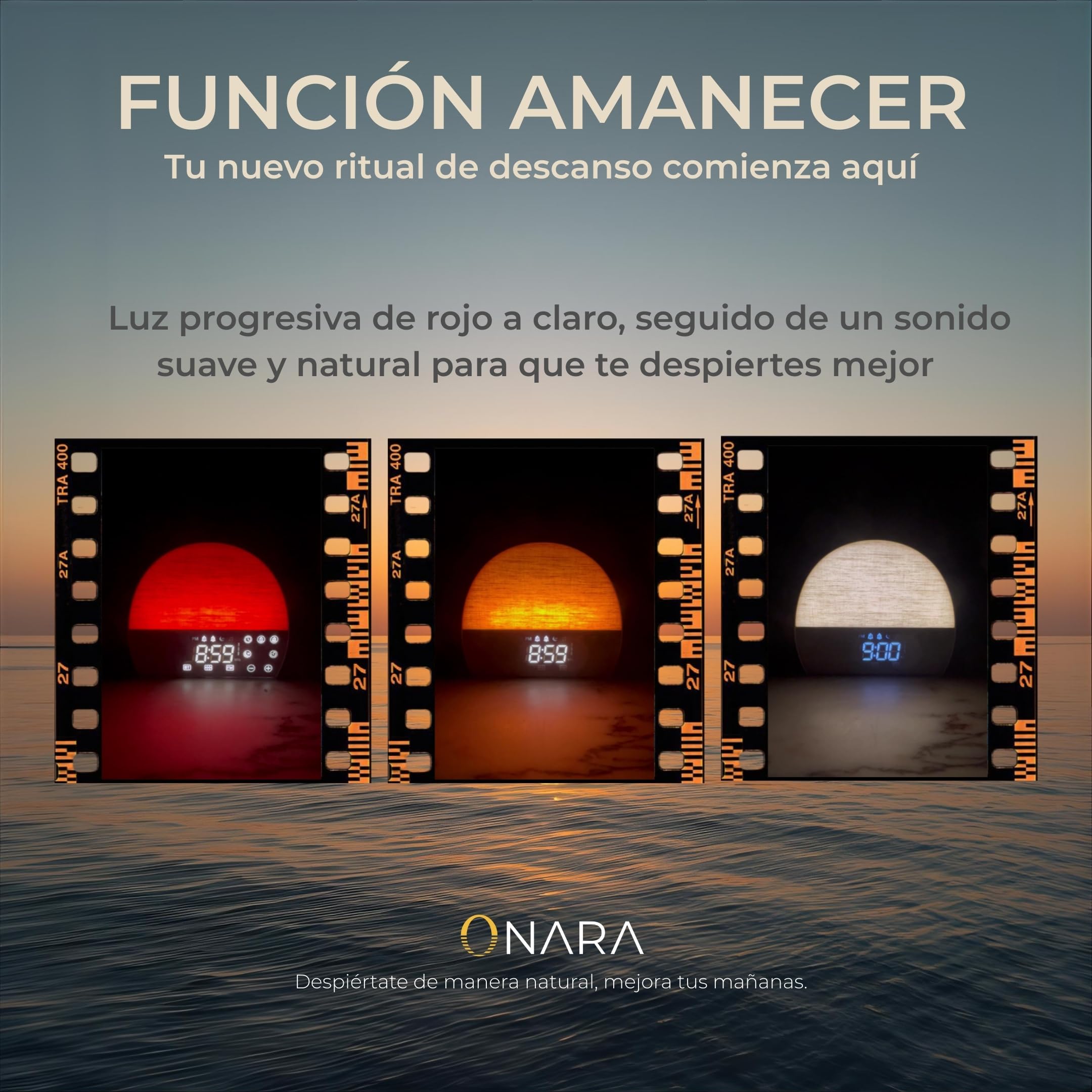 ONARA Despertador Amanecer, Despertador luz Natural simulacion Amanecer, 10 Sonidos Relajantes Naturaleza, 5 Sonidos Blancos, Altavoz Bluetooth, Radio FM, Temporizador, 20 Brillos, 2 Alarmas y Snooze