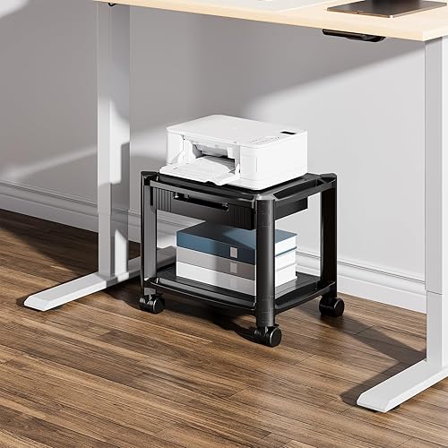 Miniatura 2 de WALI Soporte de impresora con cajón de almacenamiento, carrito de impresora móvil de 2 niveles con ruedas de bloqueo, 3 alturas ajustables para