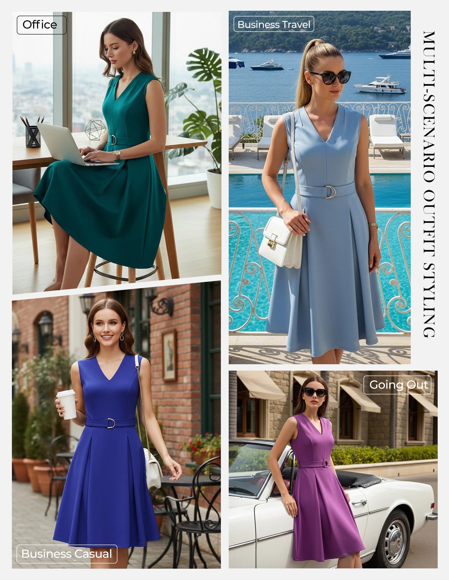GRACE KARIN Vestido elegante sin mangas para mujer, cuello en V, con cinturón, largo hasta la rodilla