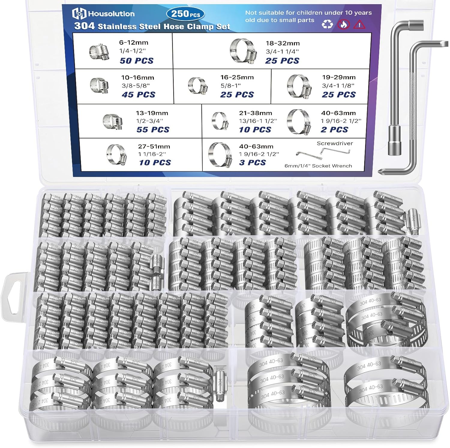 Housolution 250pc Stainless Steel Hose Clamps Kit (1/4"-2.5") with Tools - Leak-Proof for Automotive, Plumbing, Garden Hoses & DIY