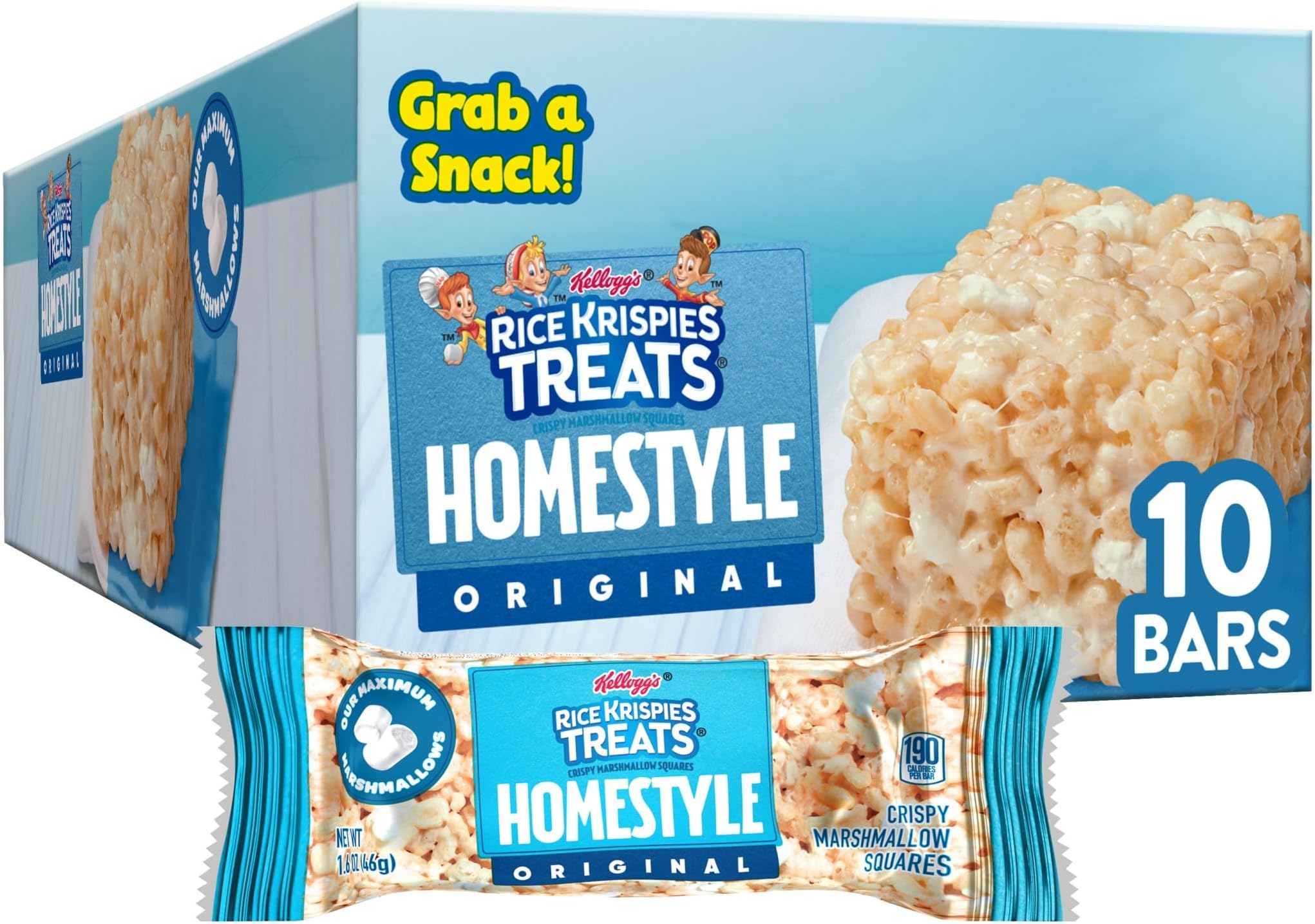Homestyle Crispy Marshmallow Squares, Kids Snacks, Lunch Snacks, Original, 16.2oz Box (10 Bars)