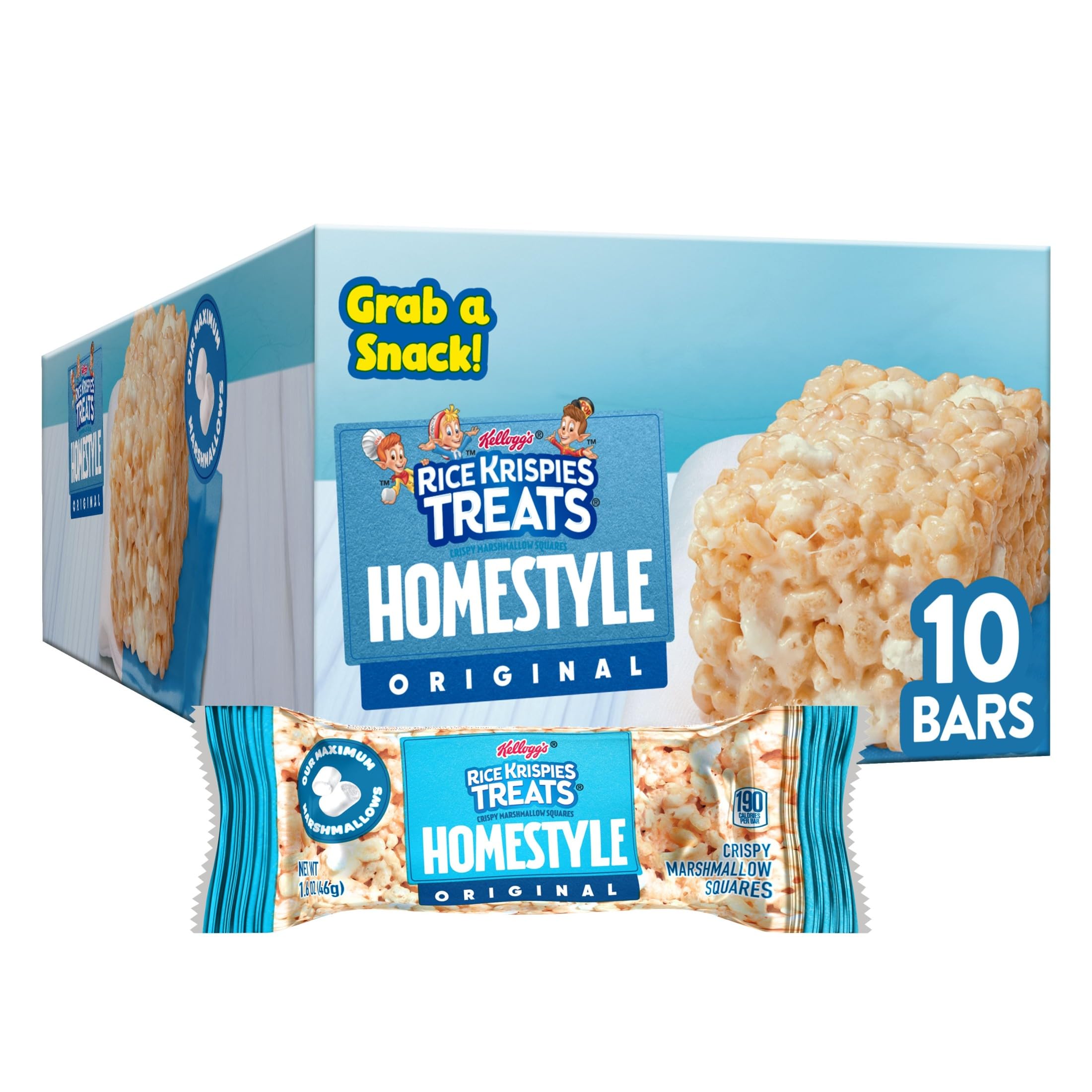 Homestyle Crispy Marshmallow Squares, Kids Snacks, Lunch Snacks, Original, 16.2oz Box (10 Bars)
