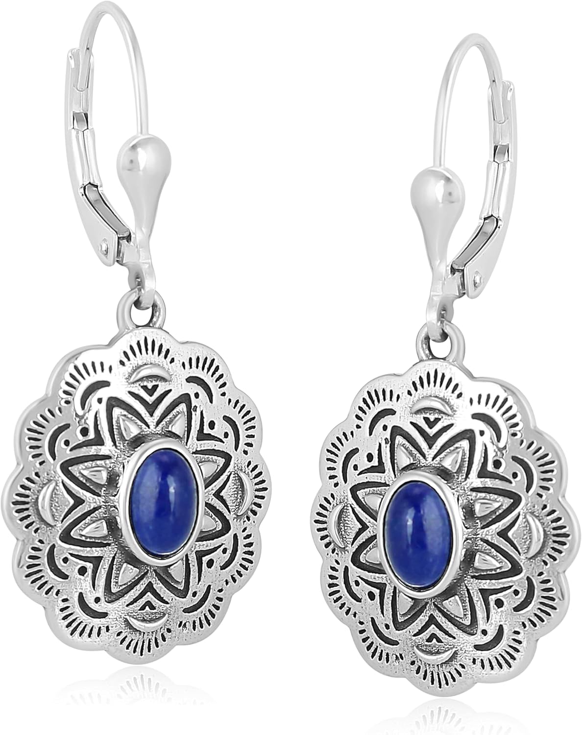 American West Jewelry Sterling Silver and Genuine Gemstone Concha Lever Back Earrings - Image 2